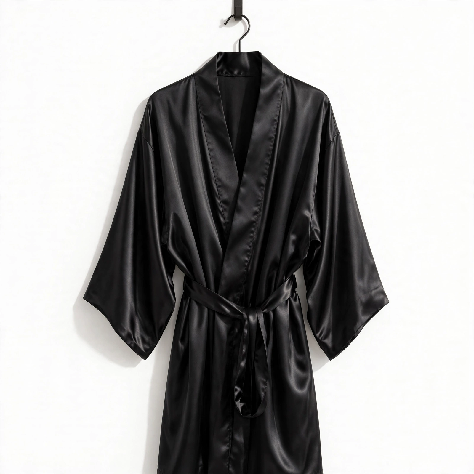 Black satin kimono robe hanging