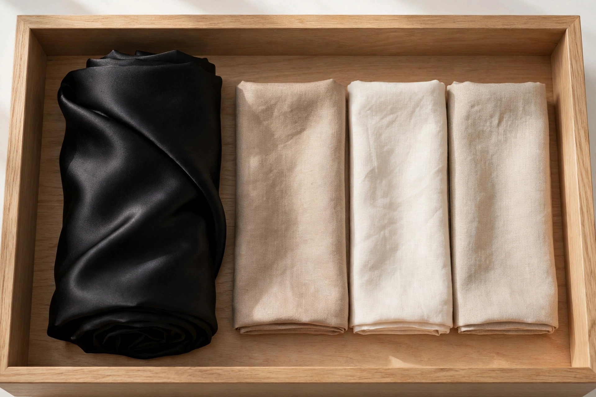 Black satin scarf rolled for storage