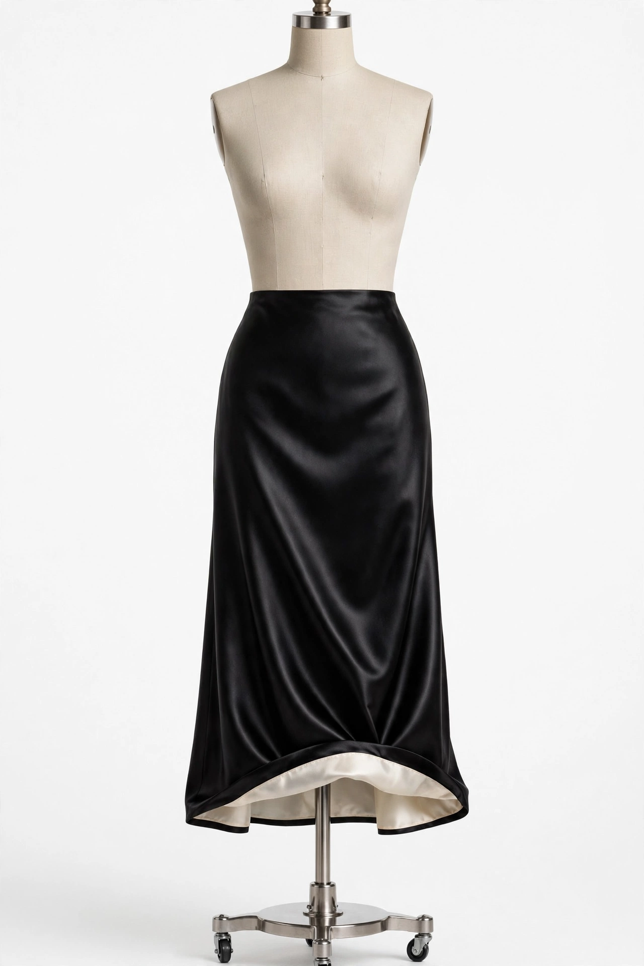 Black satin midi skirt showing lining