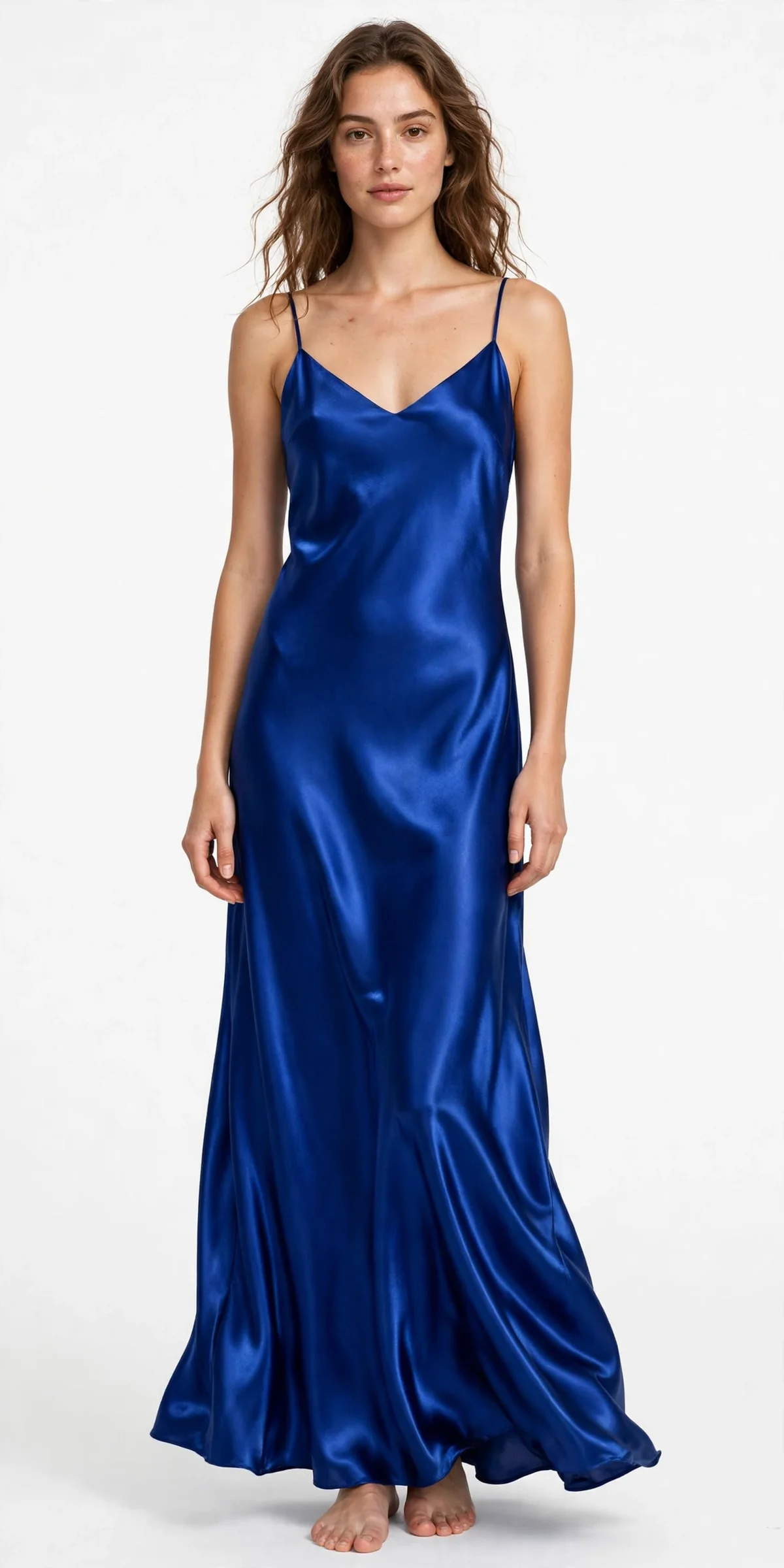 Royal blue satin slip dress with strong glossy highlights