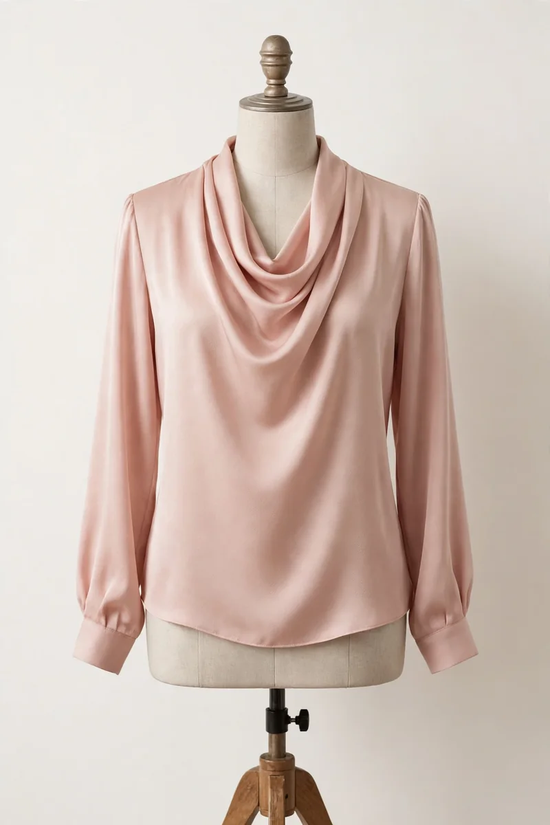 Blush pink crepe satin cowl-neck blouse displayed on a dress form