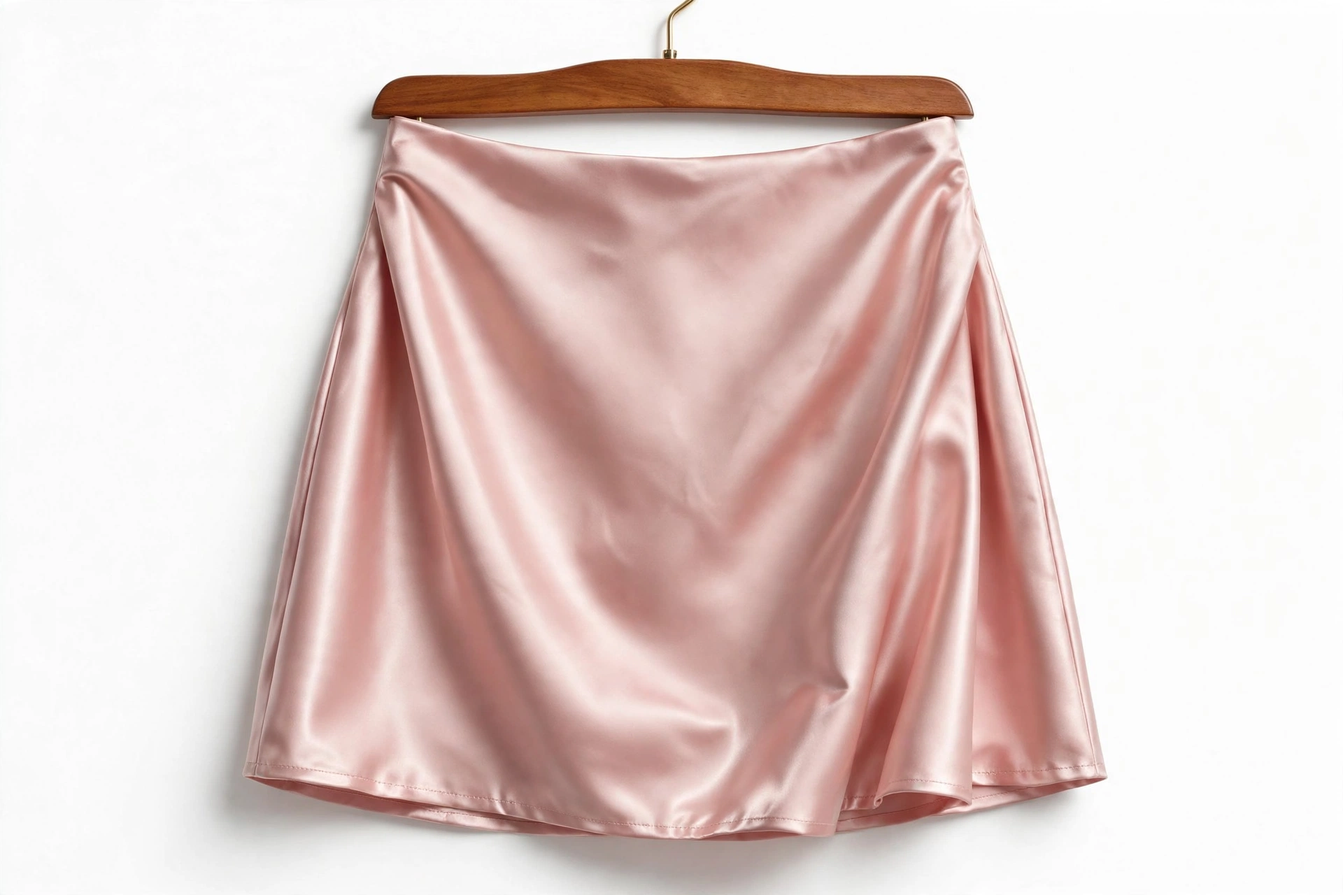 Blush pink satin mini skirt with glossy highlights