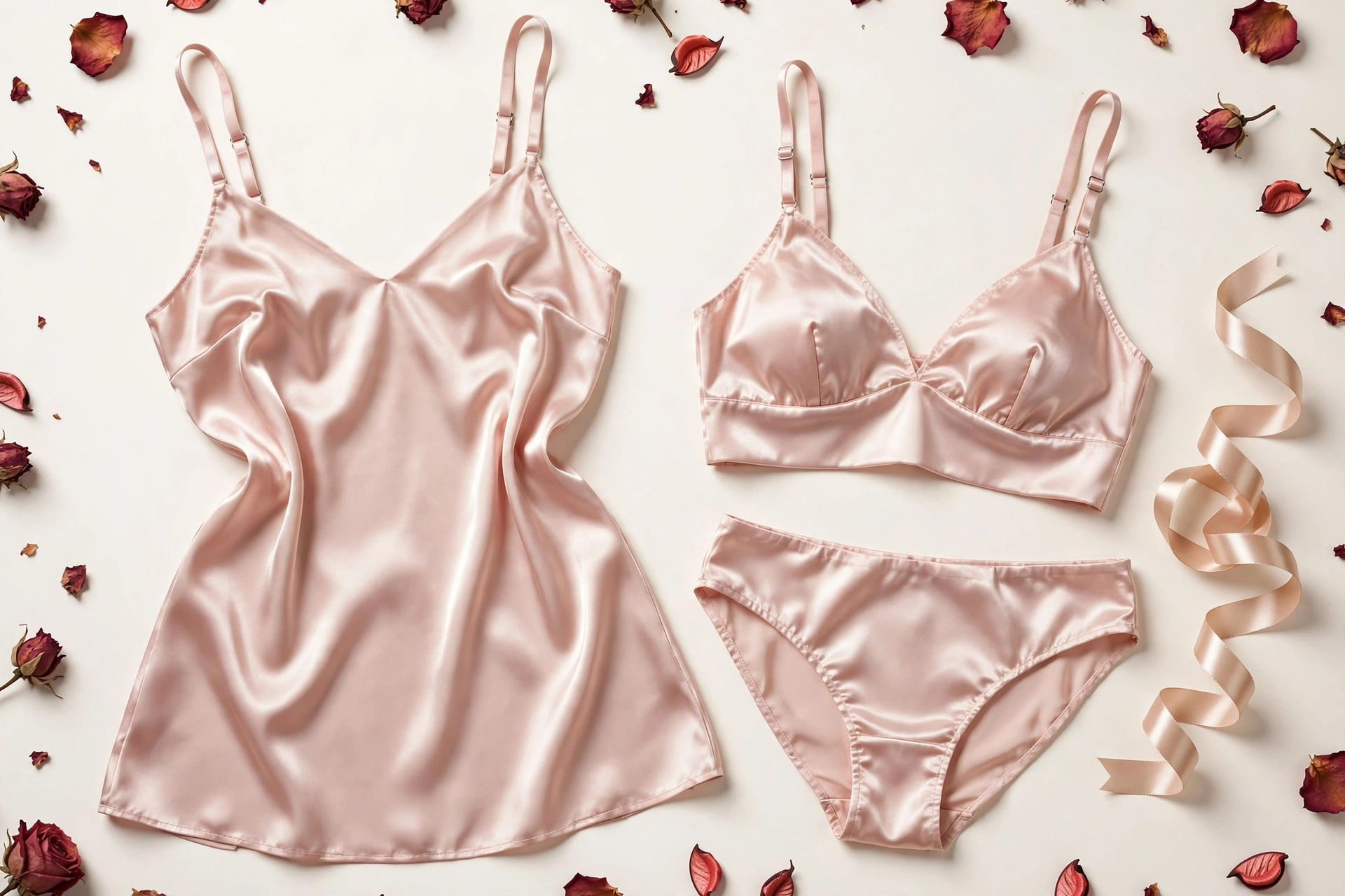 Blush pink satin lingerie set flat lay with champagne ribbon and rose petals