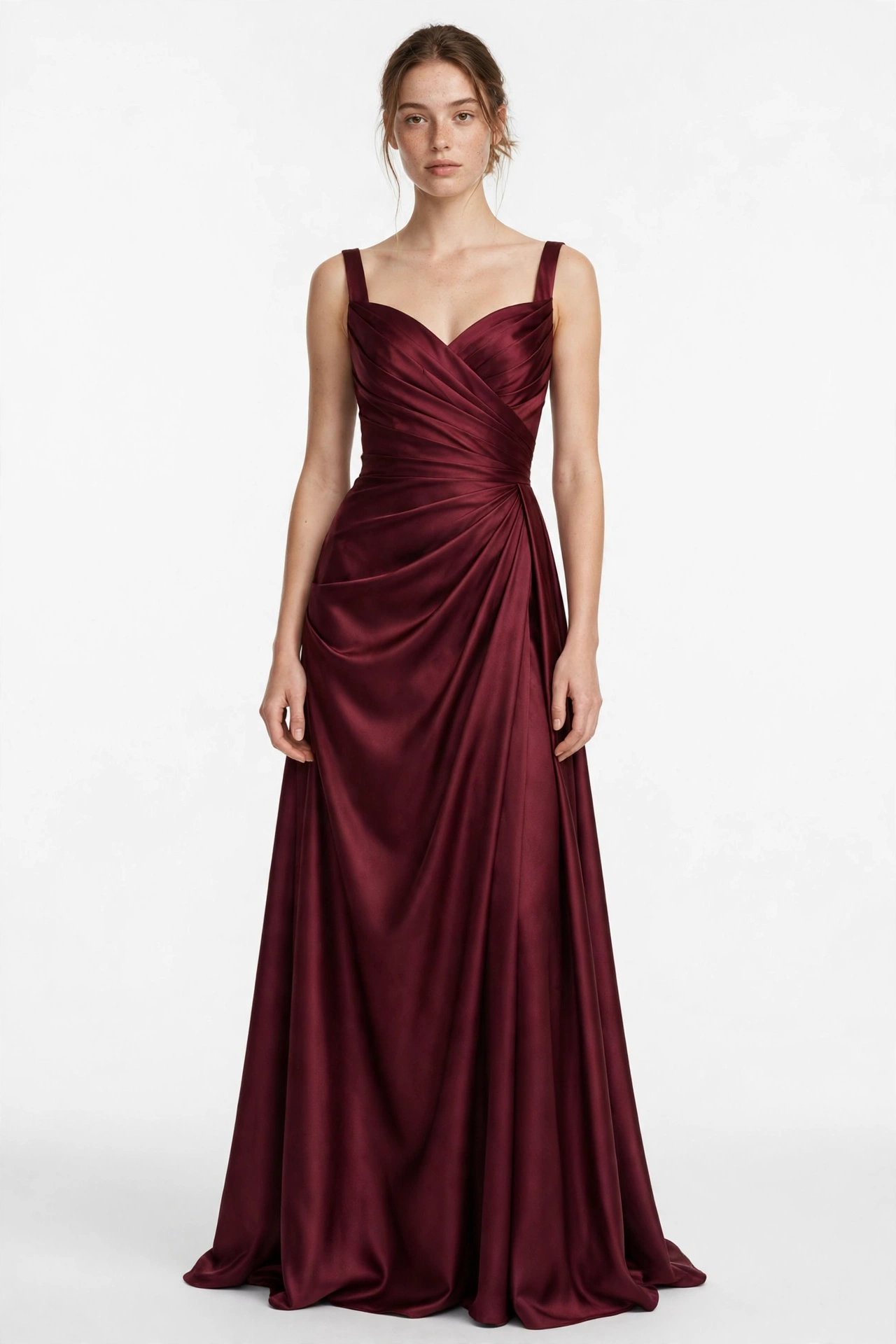 Burgundy duchess satin gown with controlled pearly sheen