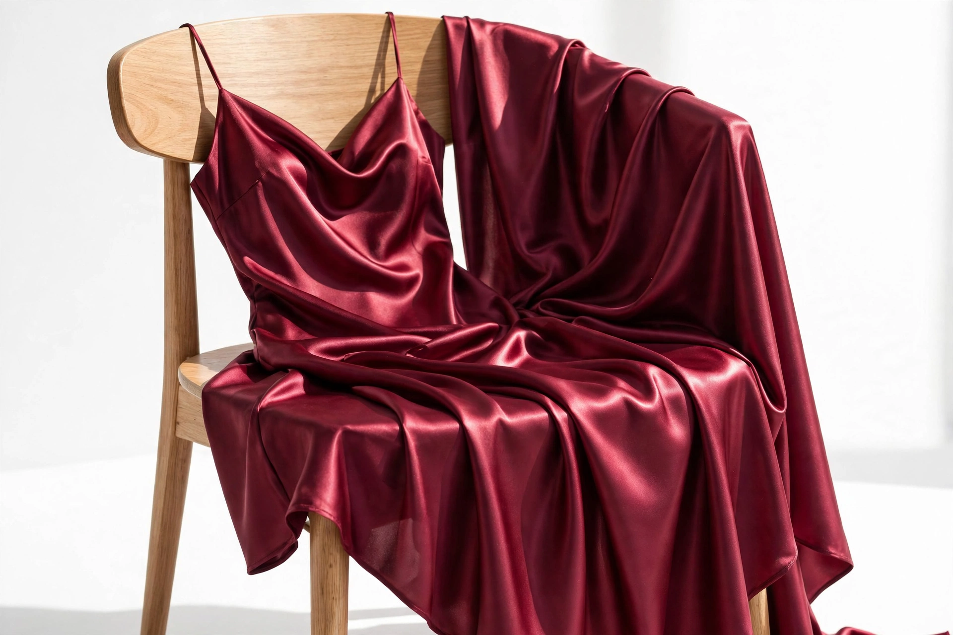 Burgundy satin dress with glossy fabric folds