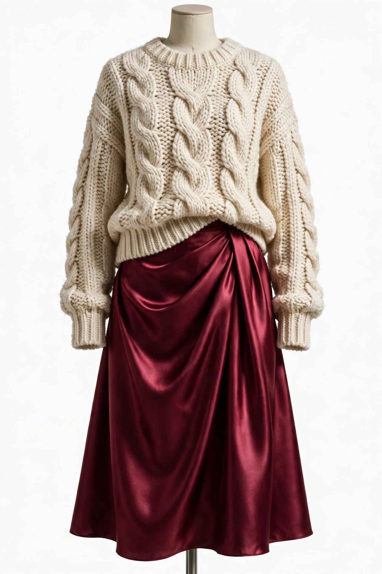 Burgundy satin skirt styled with knitwear