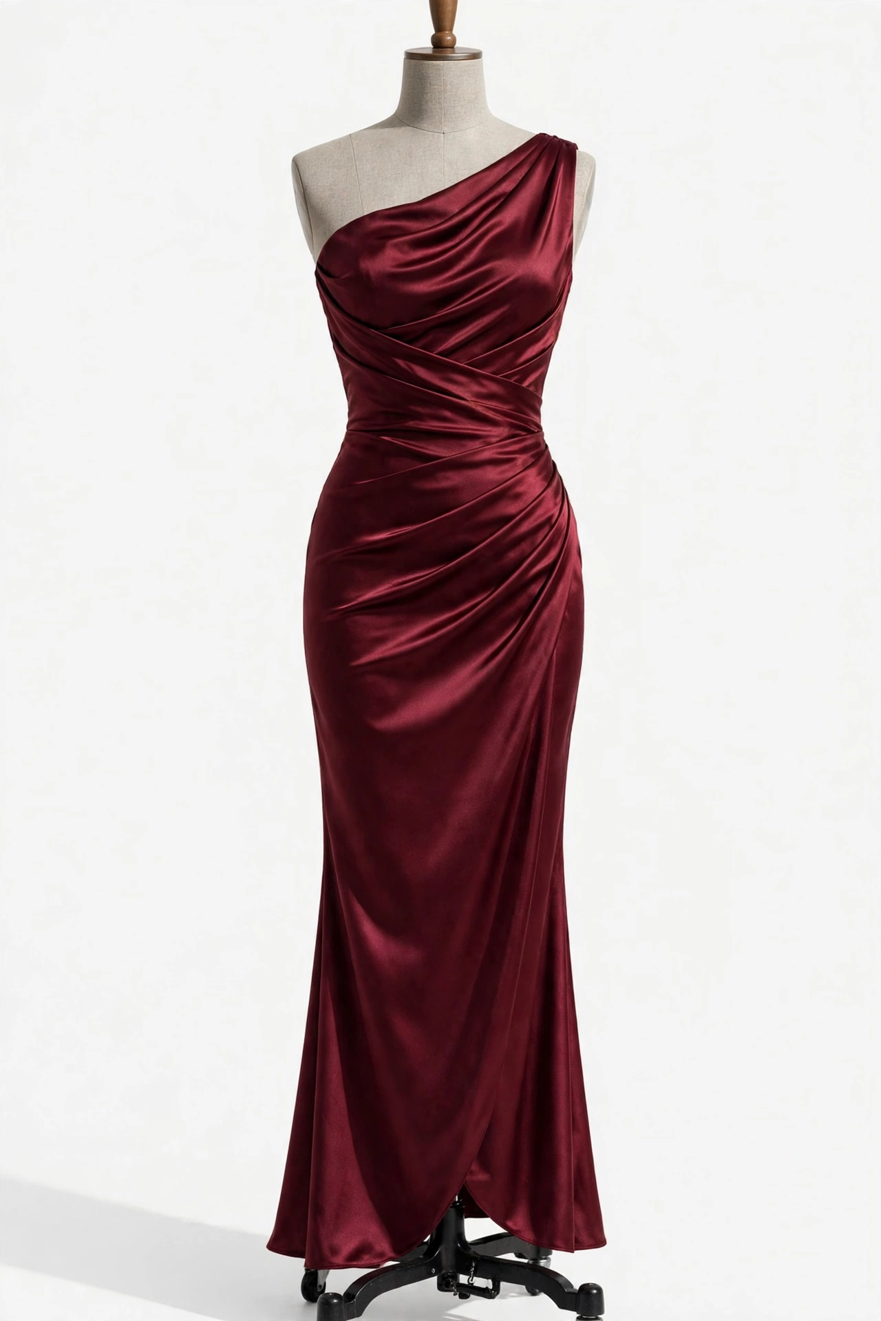 Burgundy stretch satin evening gown on a dress form showing the fitted silhouette