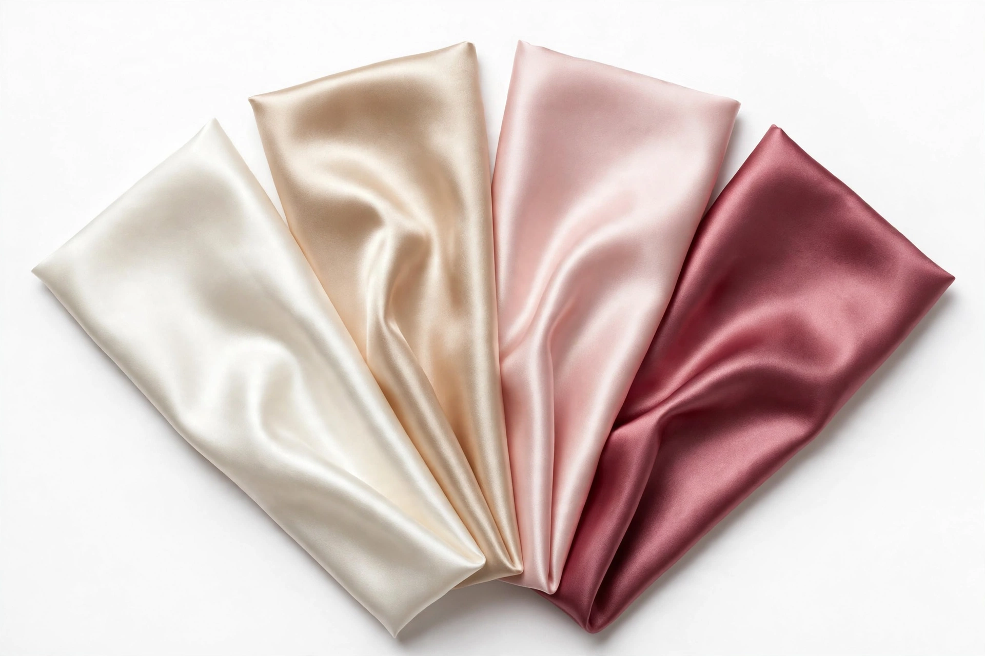 Champagne bridal satin swatches fanned in wedding tones