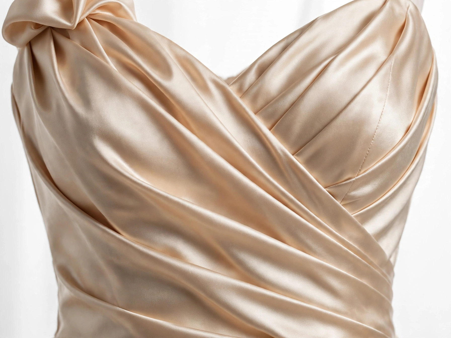 Champagne satin dress draped bodice detail