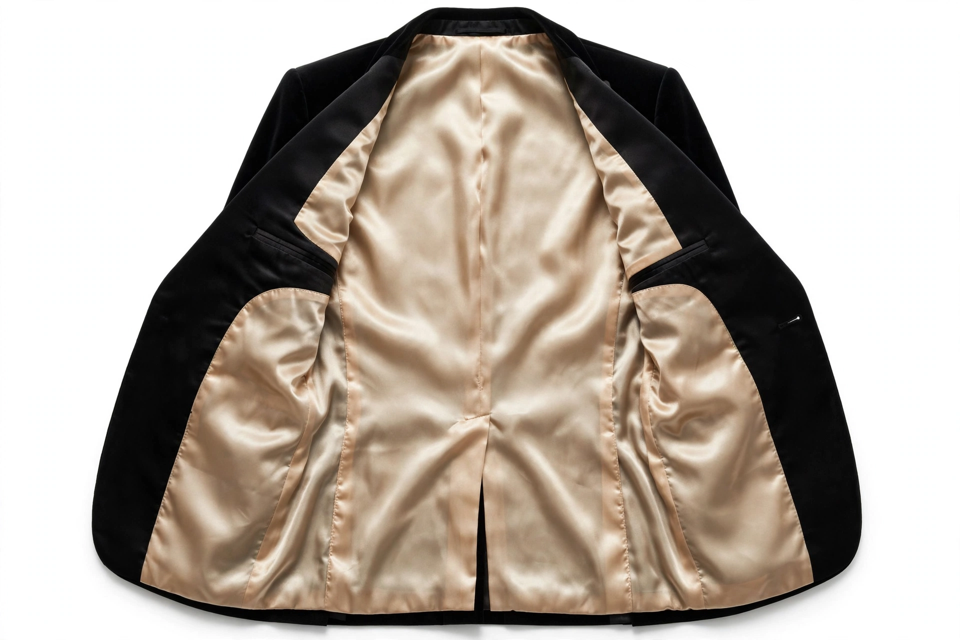 Champagne slipper satin lining inside an evening jacket