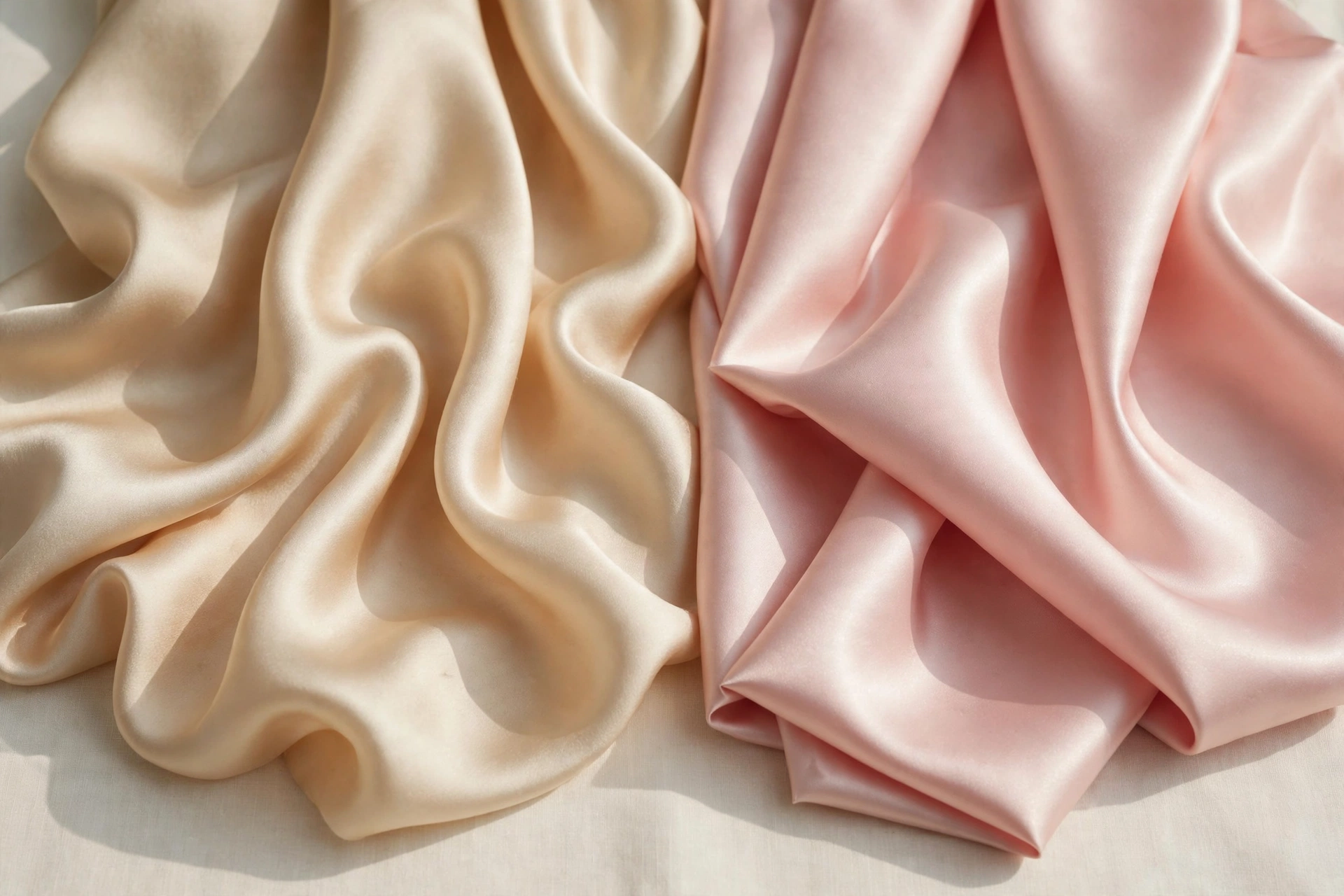 Champagne charmeuse and blush polyester satin swatches draped side by side