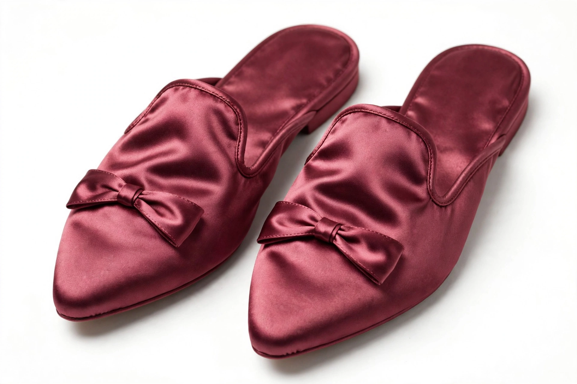 Deep rose satin evening slippers with glossy finish