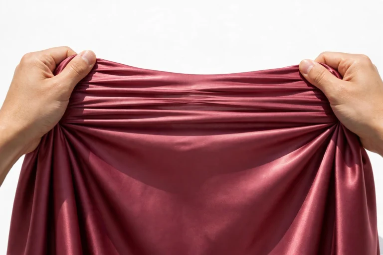 Hands stretching deep rose stretch satin fabric showing its elasticity and glossy shine