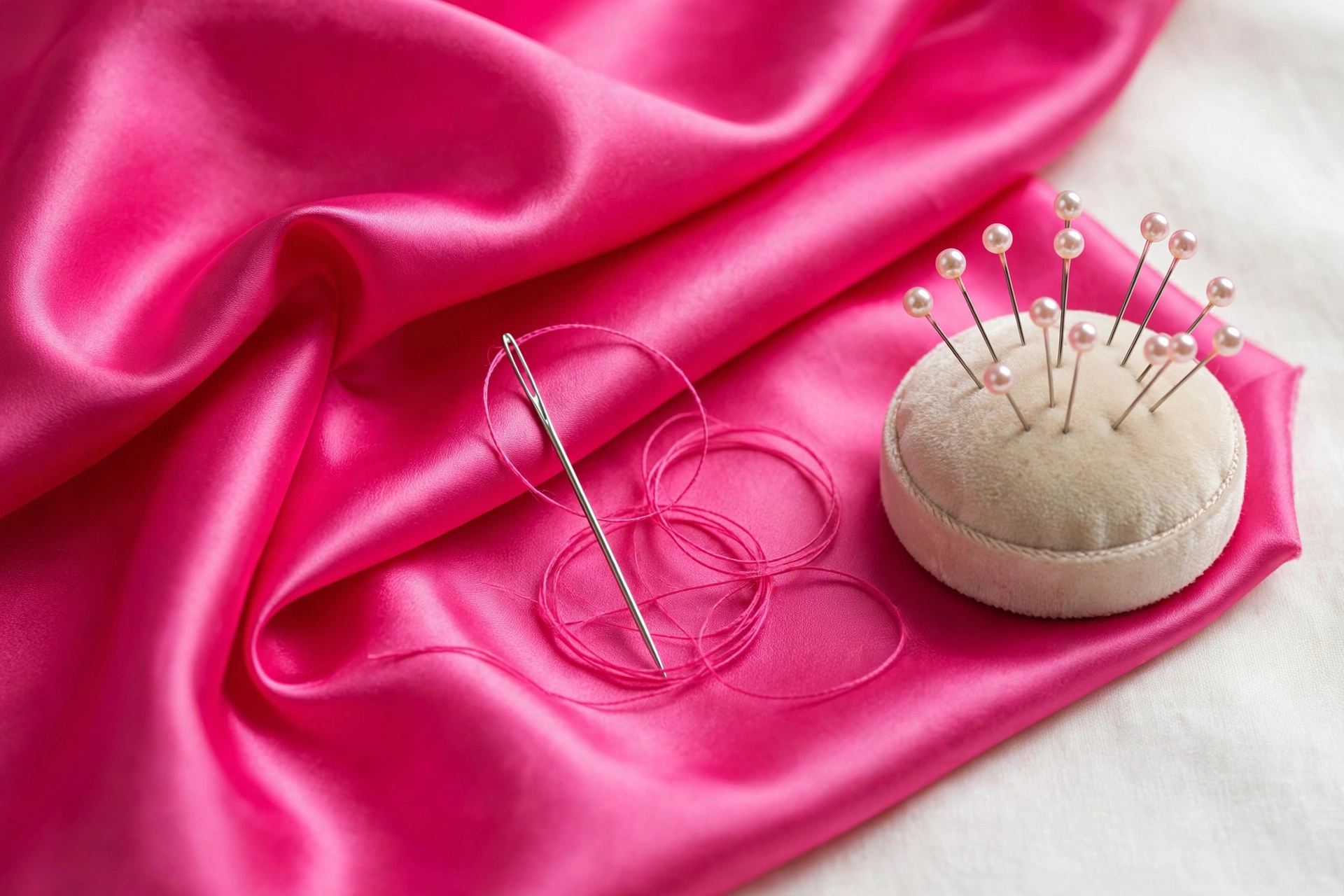 Hot pink satin with needle, thread and pins