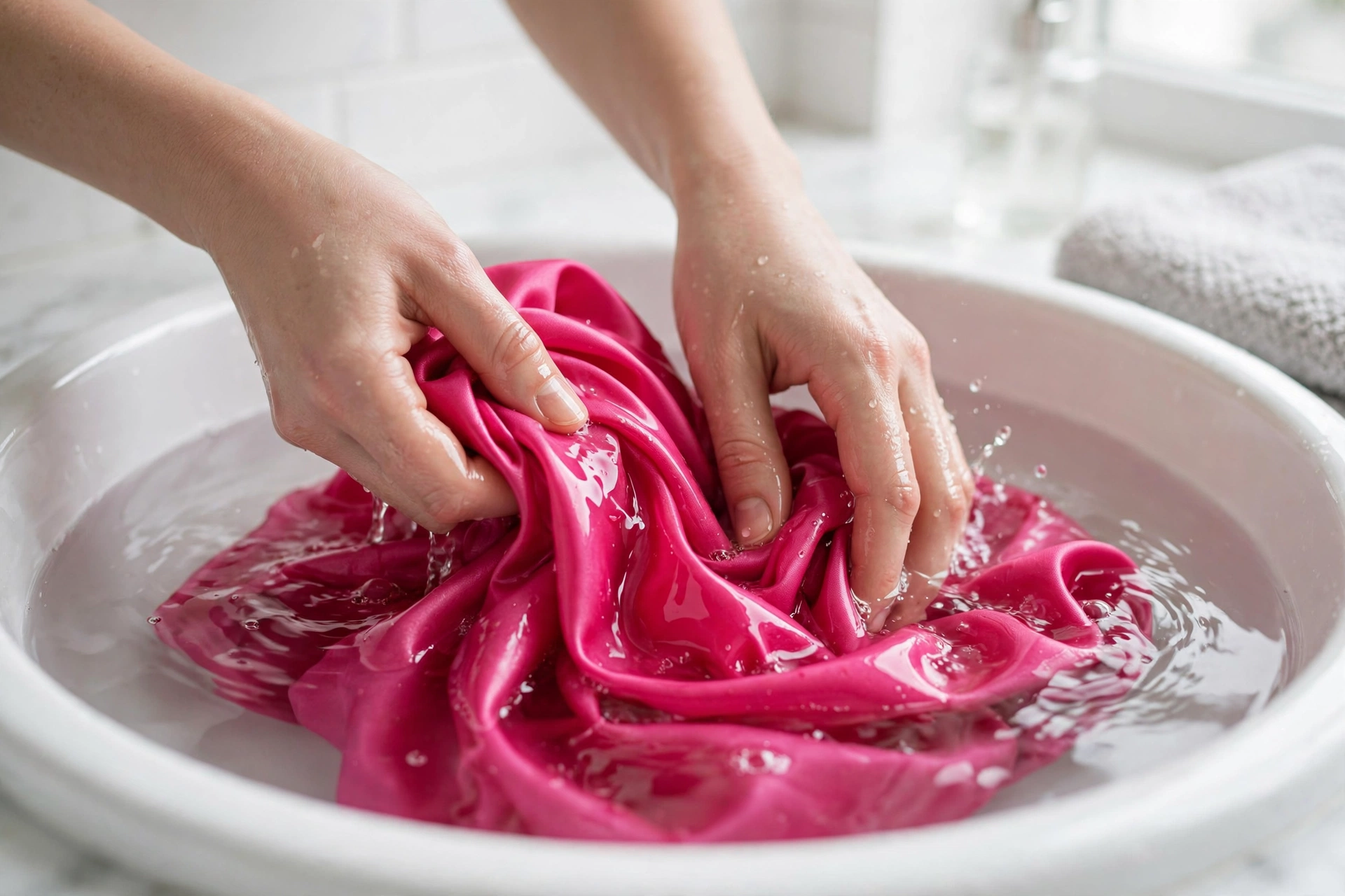 Hands hand-washing pink satin in a basin