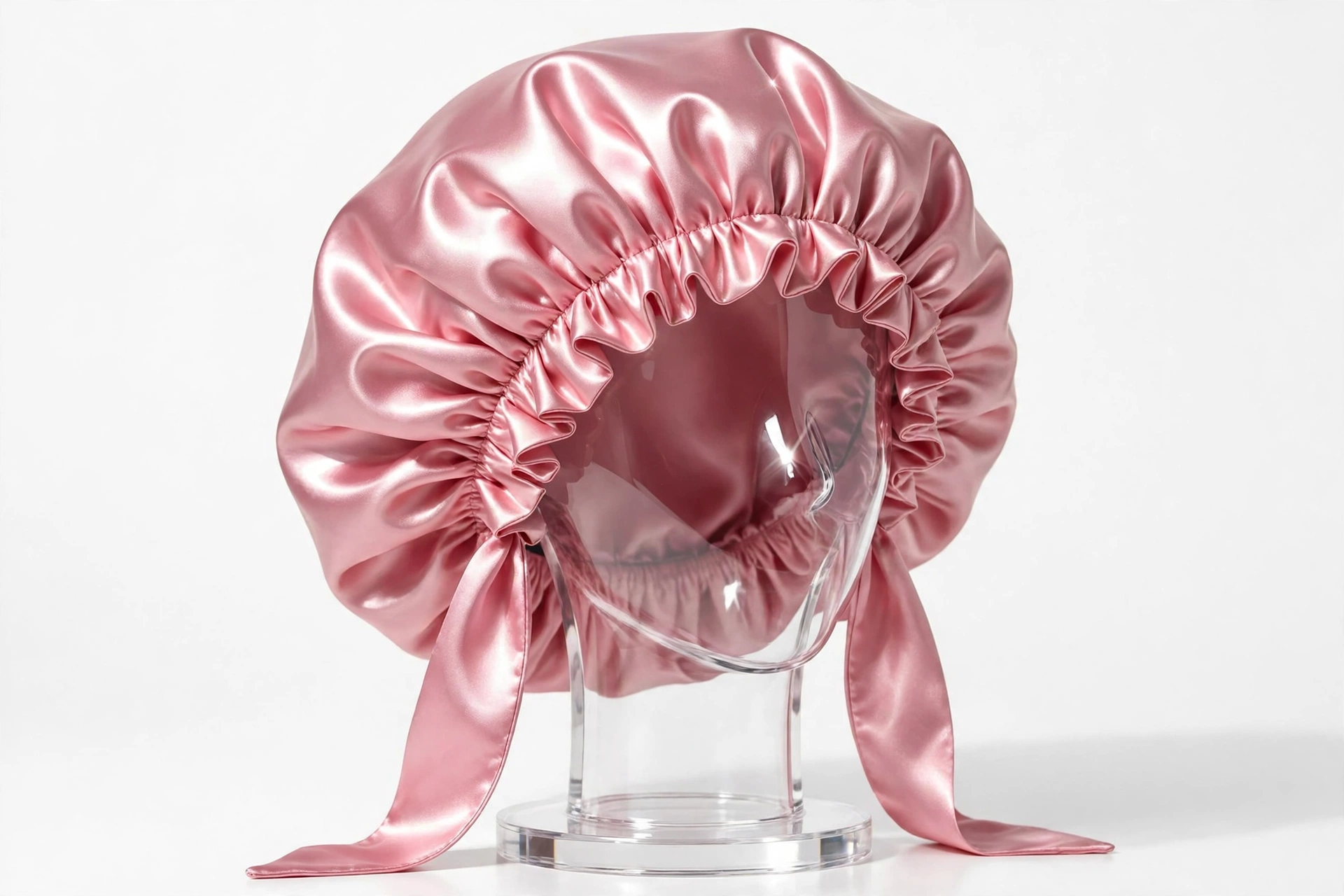 Pink satin bonnet on a display stand