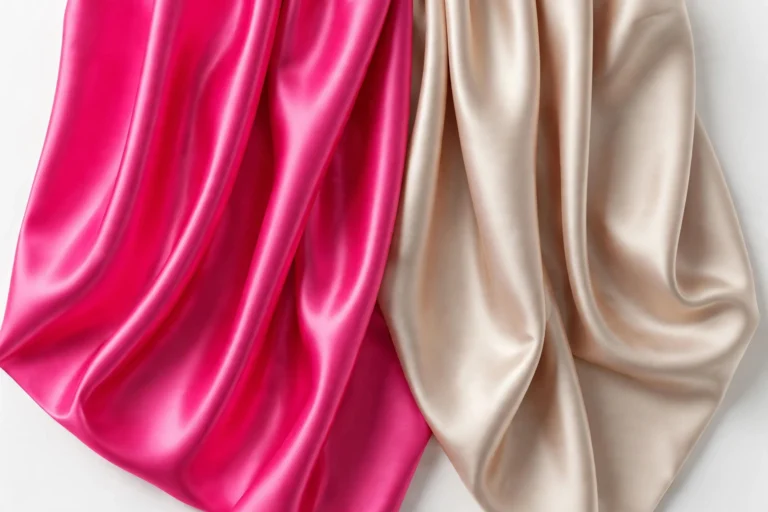 Hot pink satin beside champagne sateen fabric