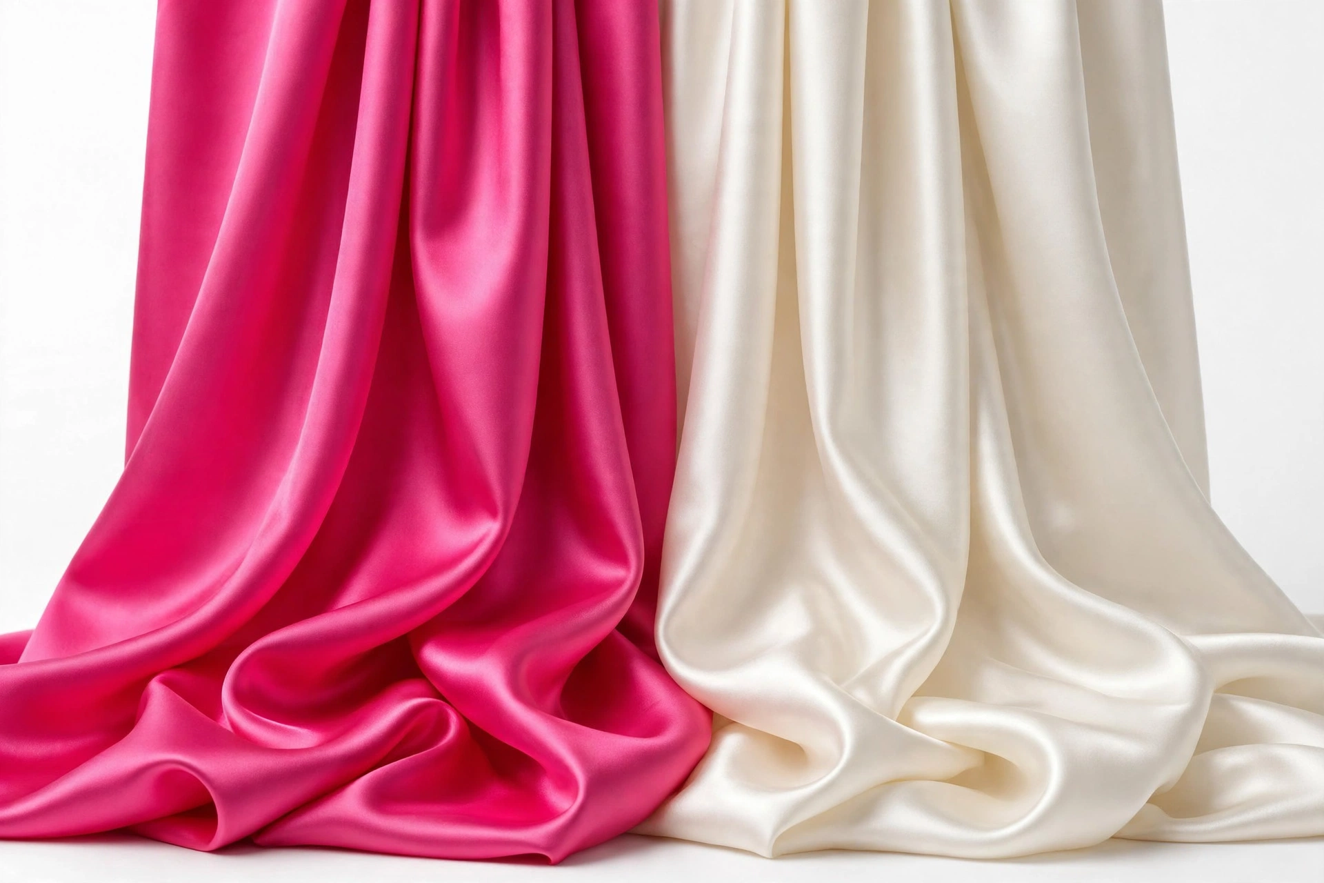 Hot pink satin and ivory silk fabrics side by side