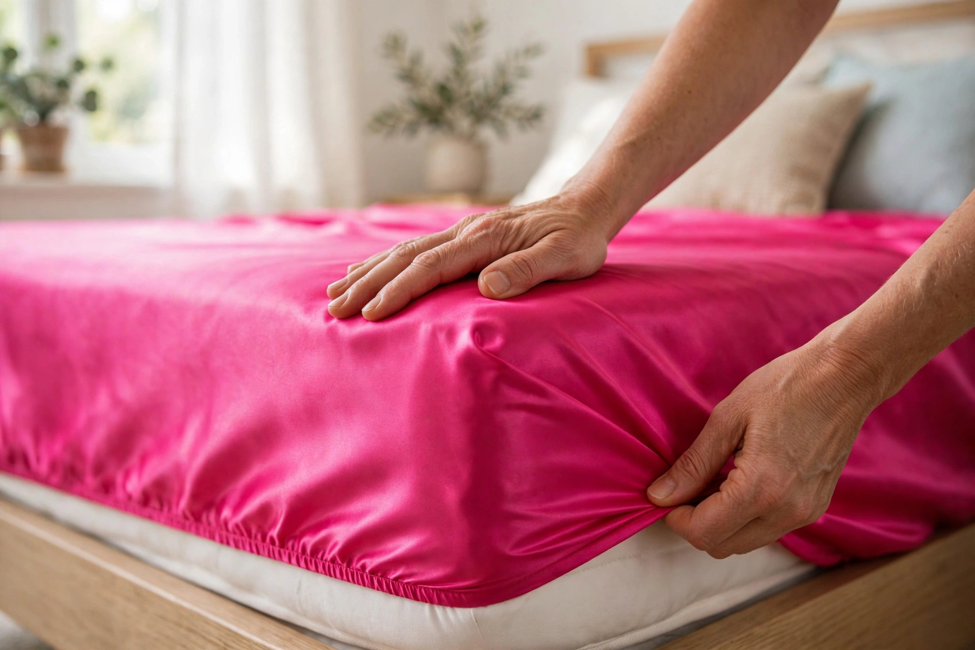 Fitting a pink satin sheet onto a mattress
