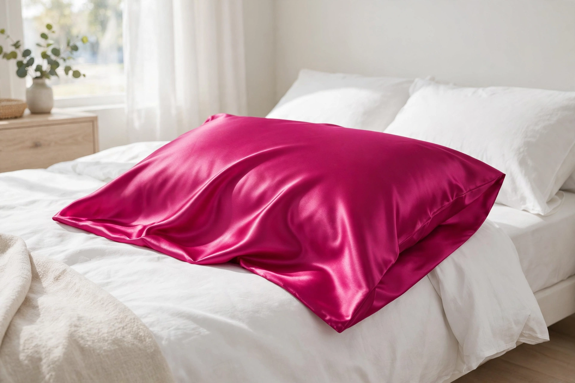 Fuchsia polyester satin pillowcase with glossy shine on a bed