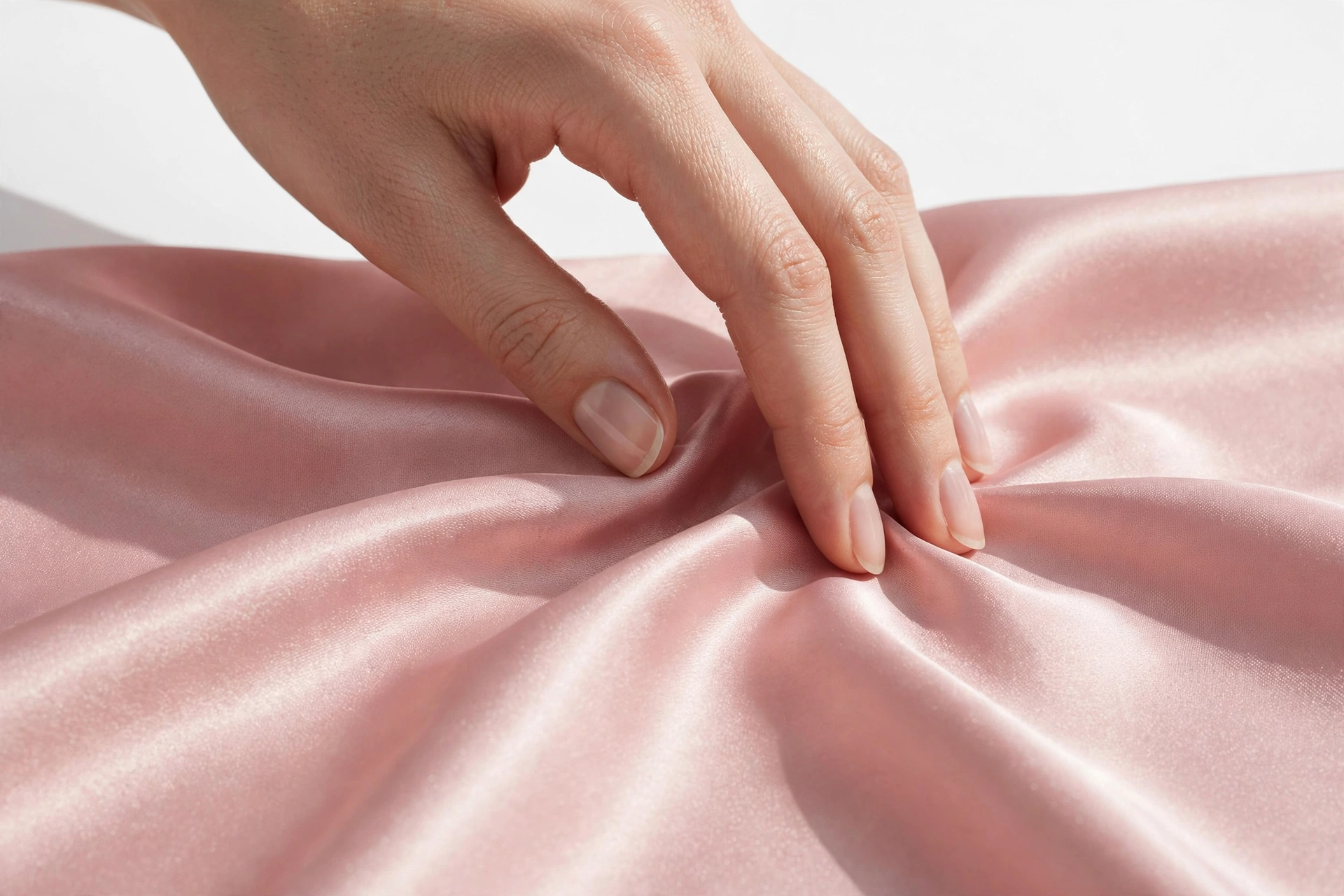Hand touching blush satin fabric showing light play across the floats
