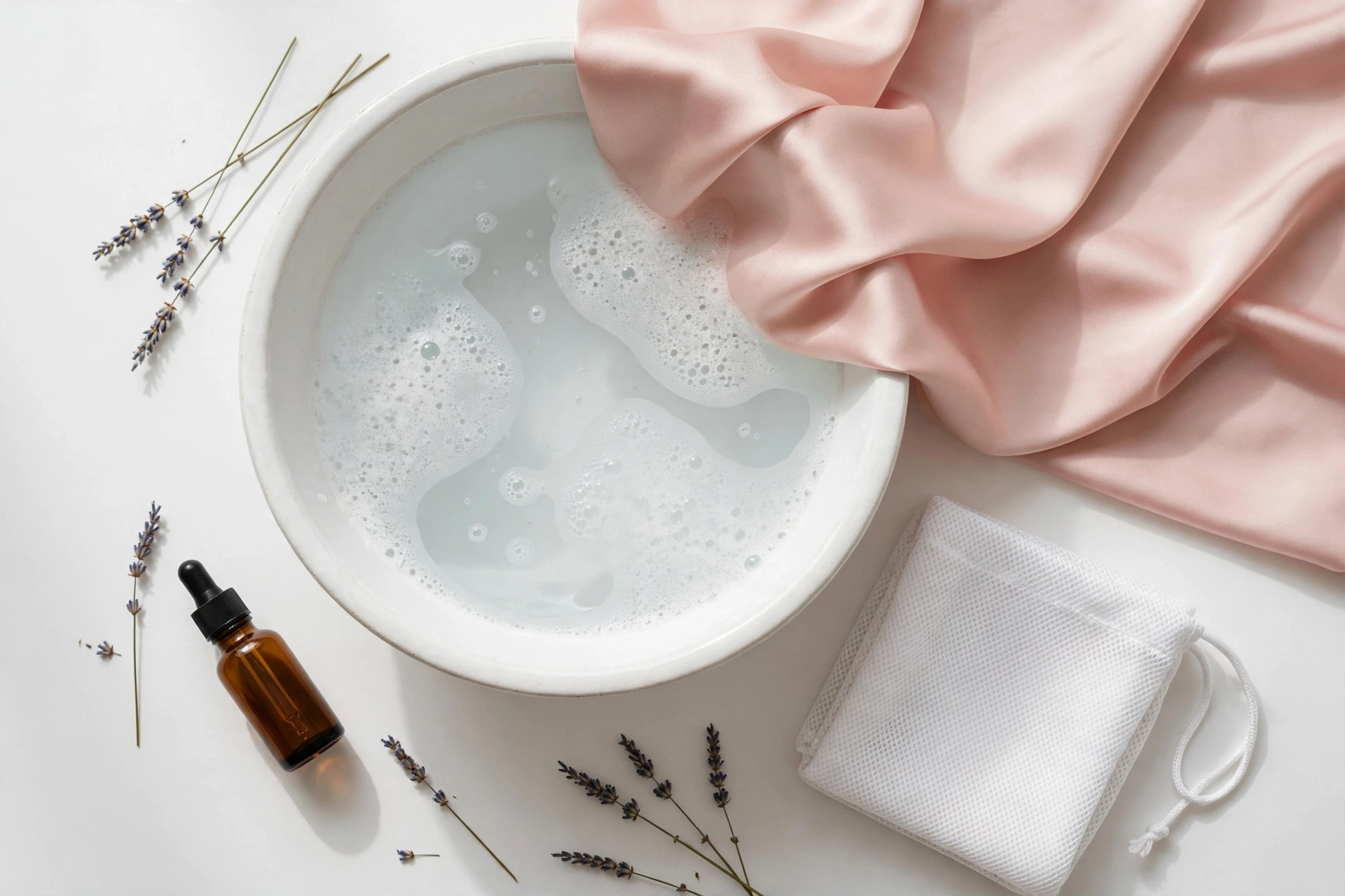 Flat lay of hand-washing satin lingerie with basin, mild detergent and mesh bag