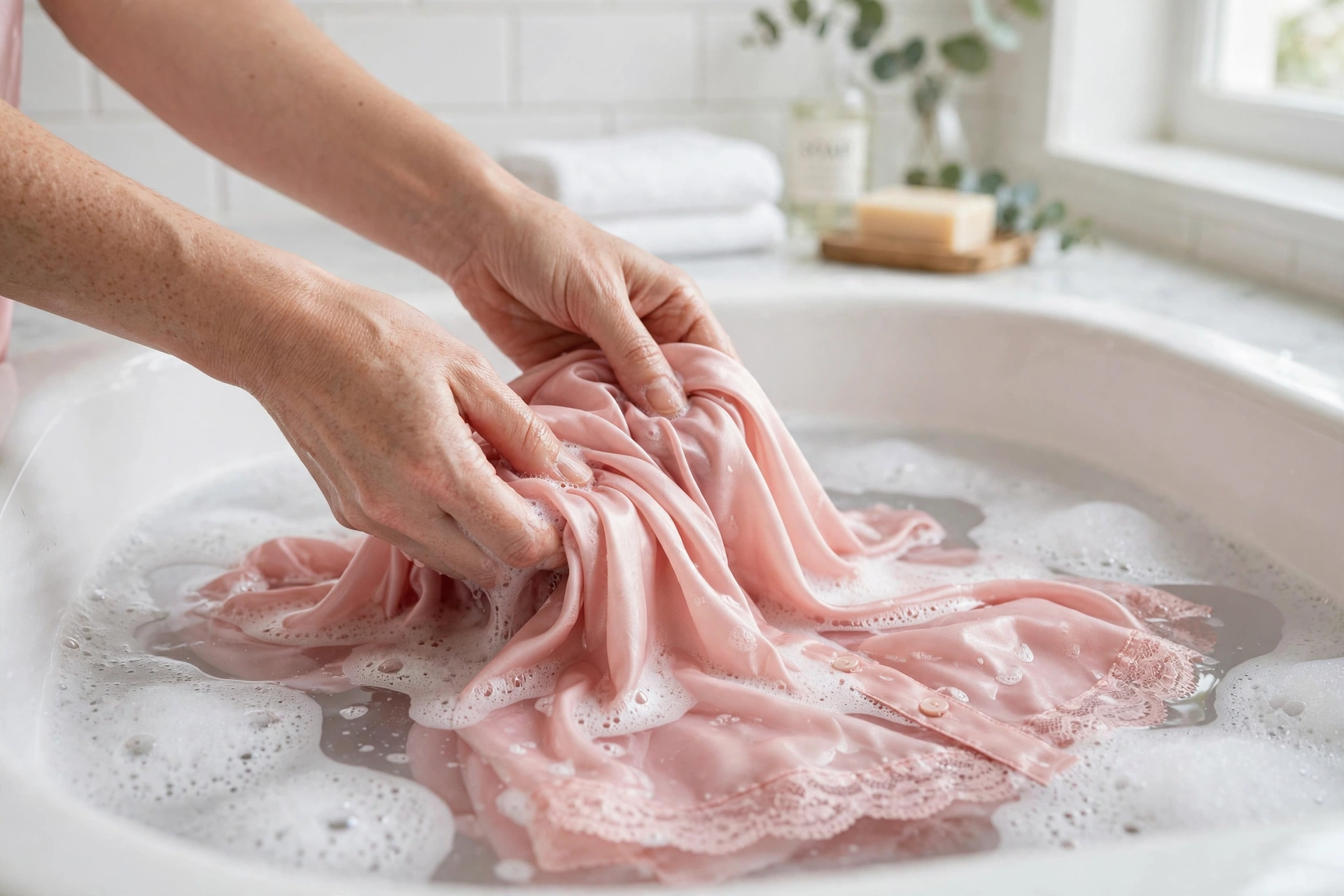 Hand washing a blush pink satin nightgown in cool water