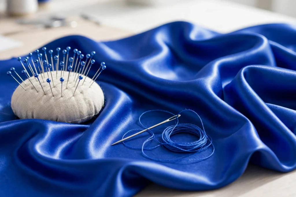 Royal blue satin sewing with needle and thread