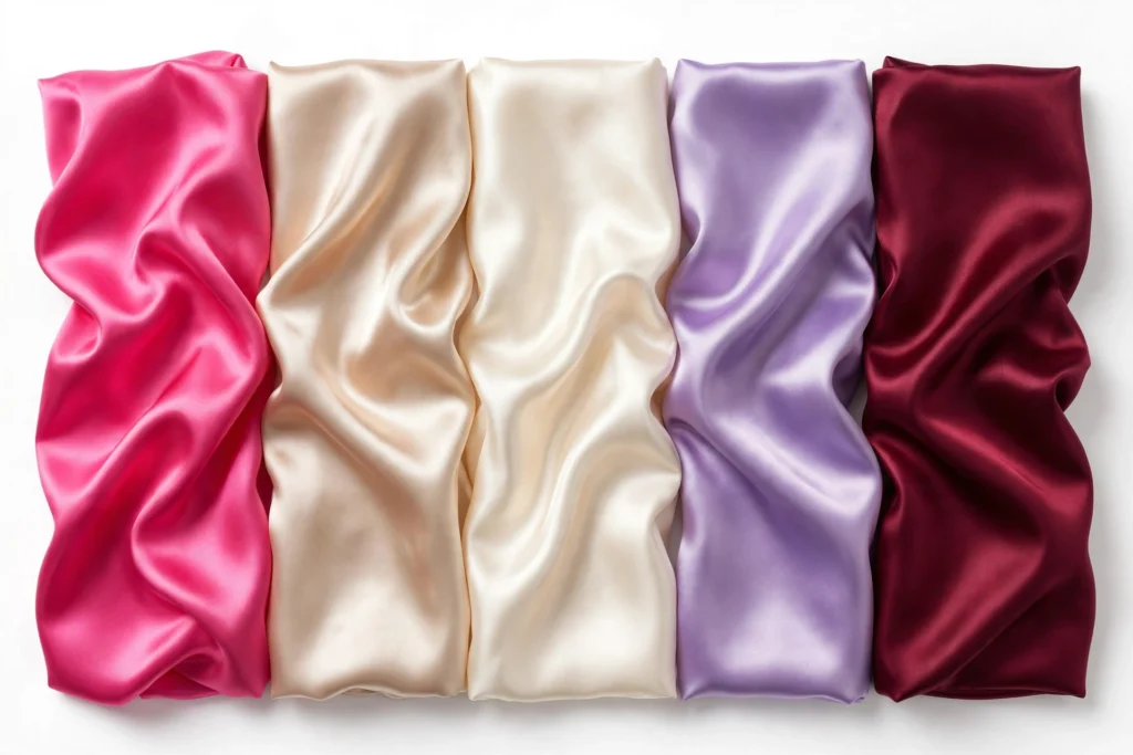 Satin swatches in pink champagne ivory lavender burgundy