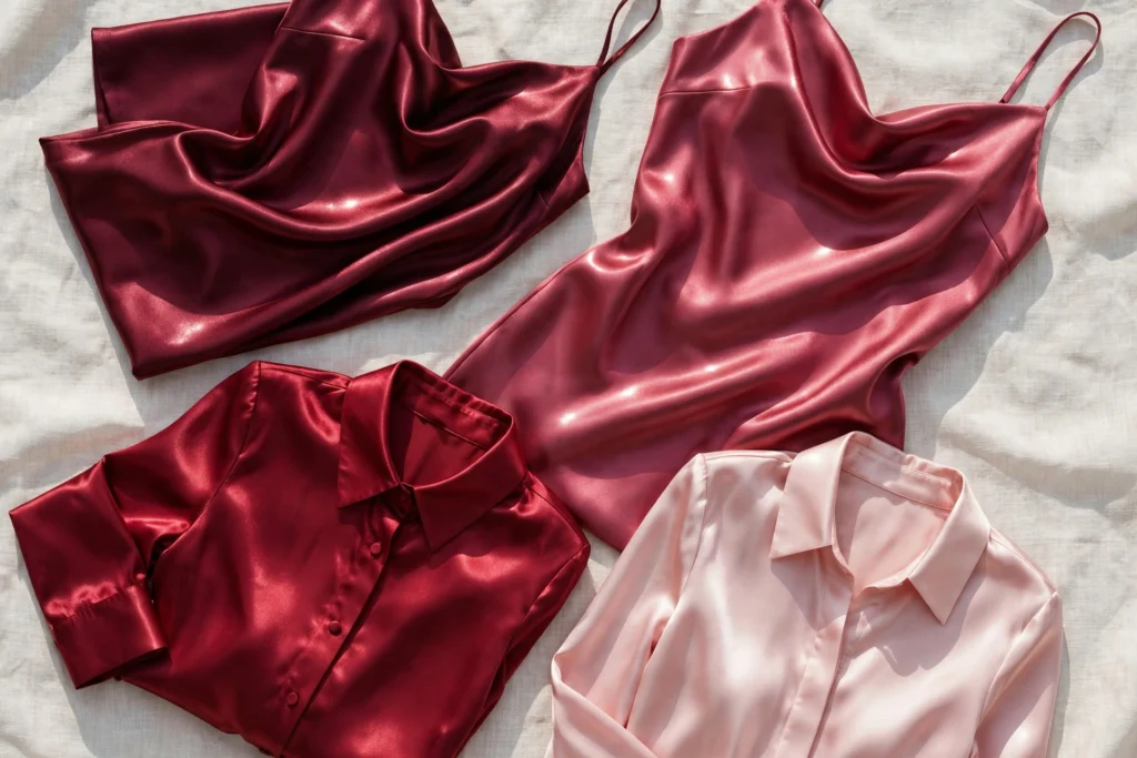 Burgundy and blush satin dresses