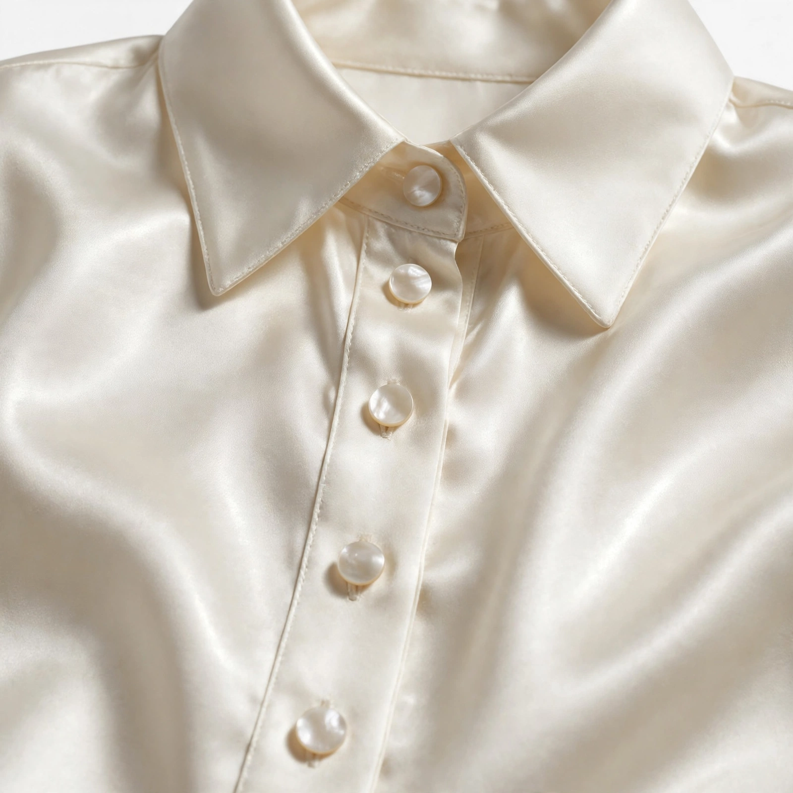 Ivory satin button-up blouse placket detail
