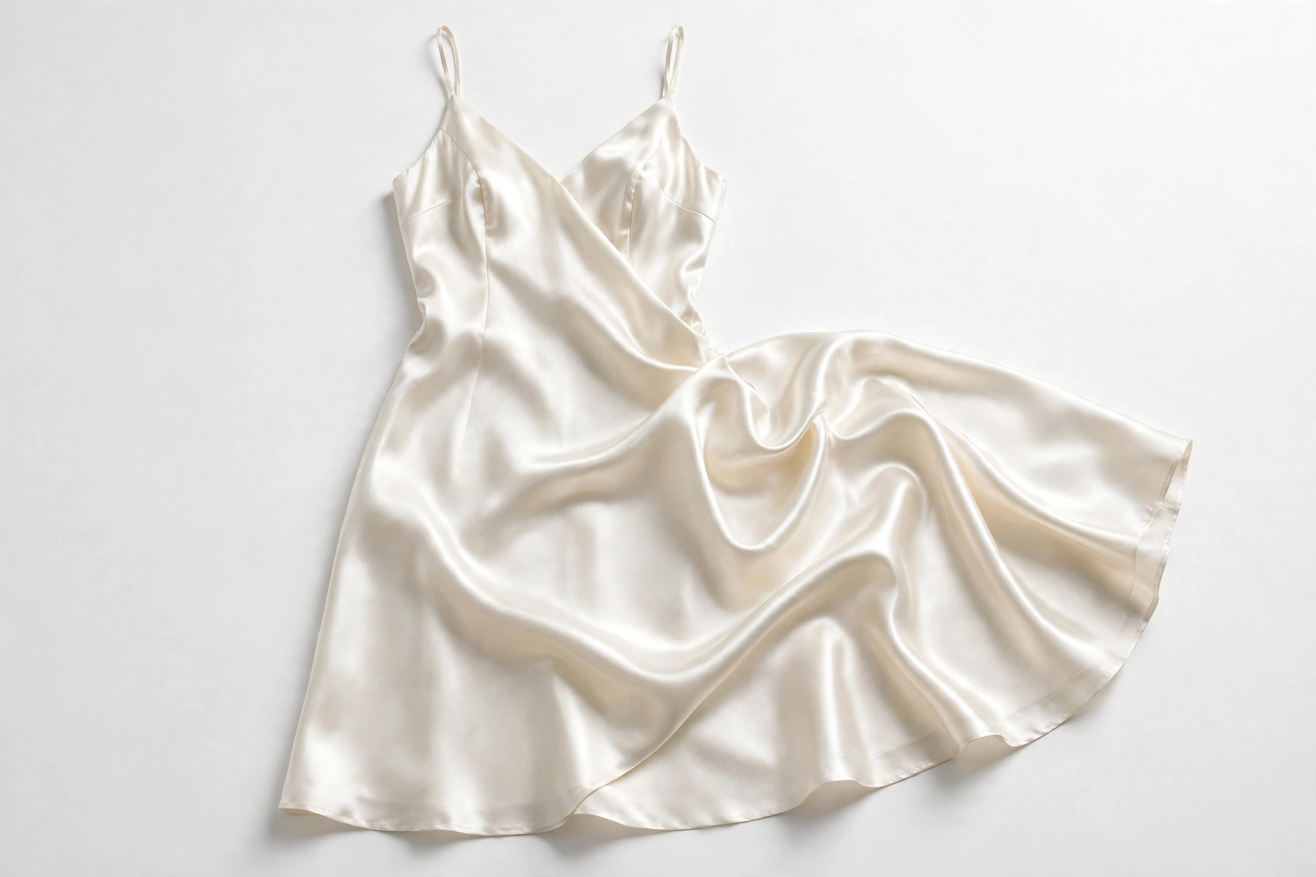 Ivory satin dress laid flat with glossy highlights