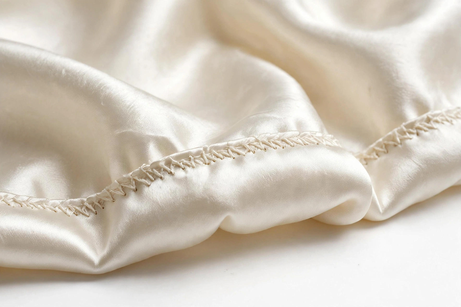Close-up of hand-rolled edge on an ivory satin scarf