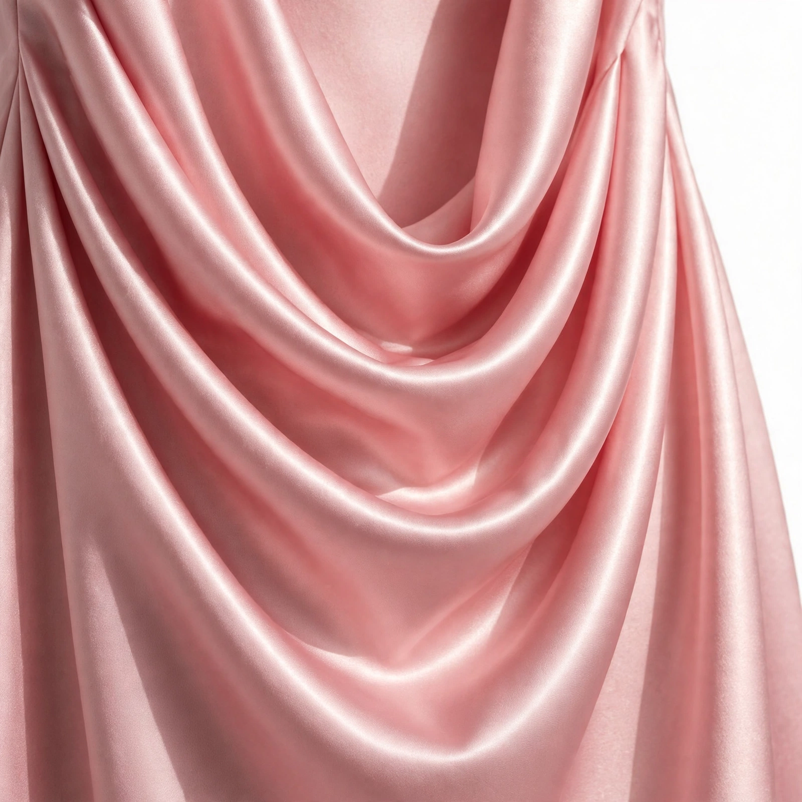 Pink satin dress cowl back detail with glossy draped folds