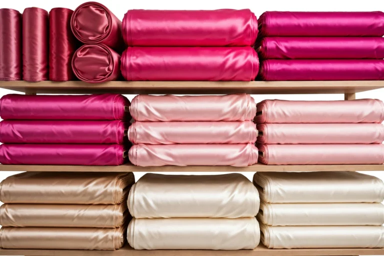 Rolls of pink and champagne polyester satin fabric at a fabric store
