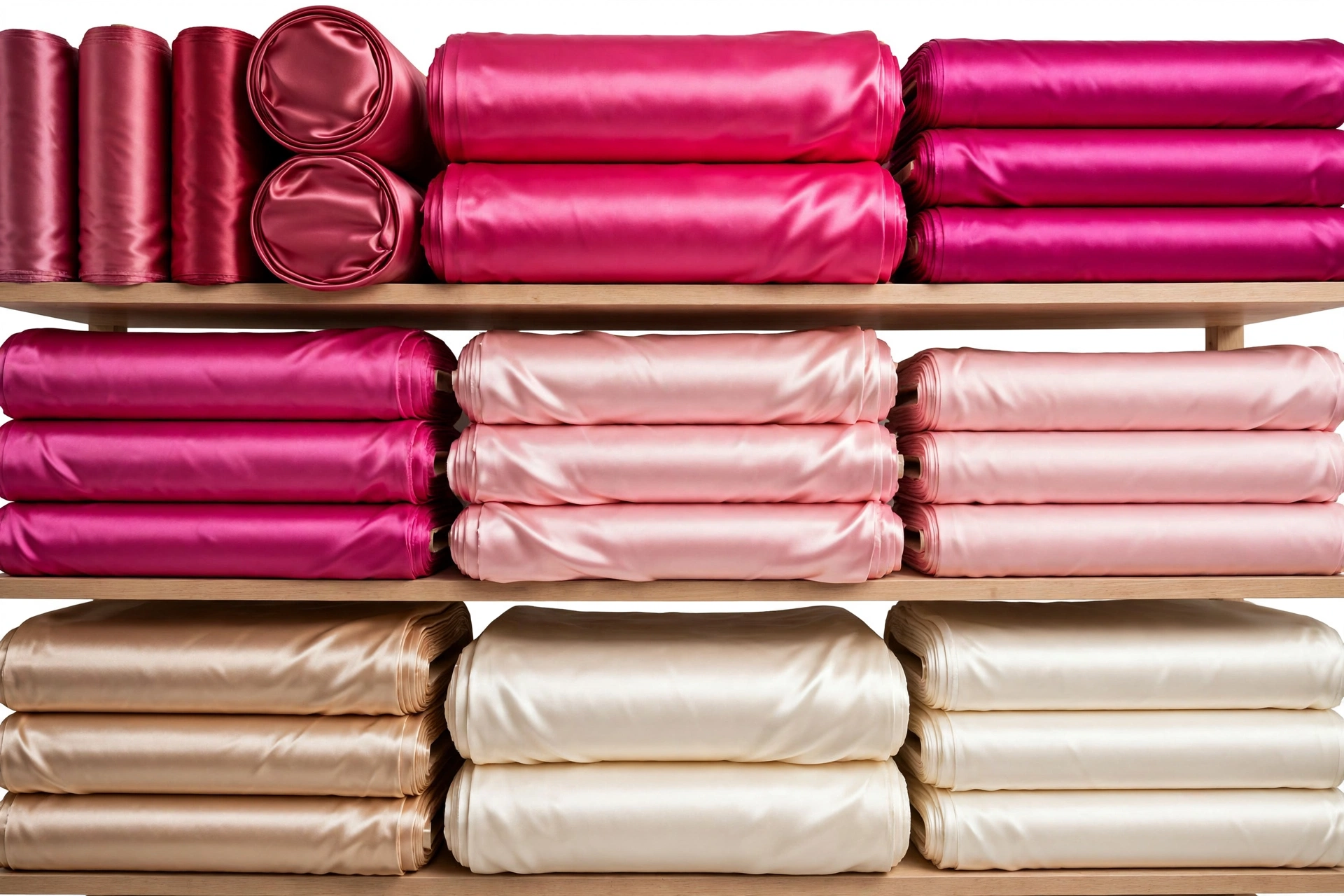 Rolls of pink and champagne polyester satin fabric at a fabric store
