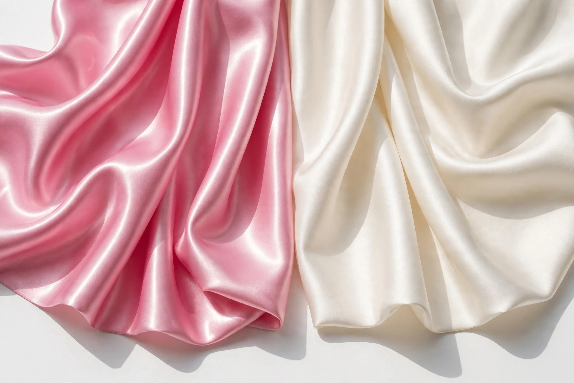 Polyester satin and silk satin swatches draped side by side for comparison