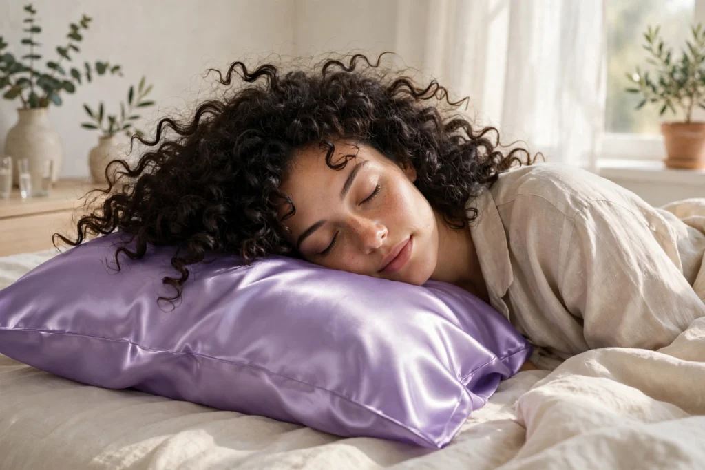 Curly hair resting on a lavender satin pillowcase