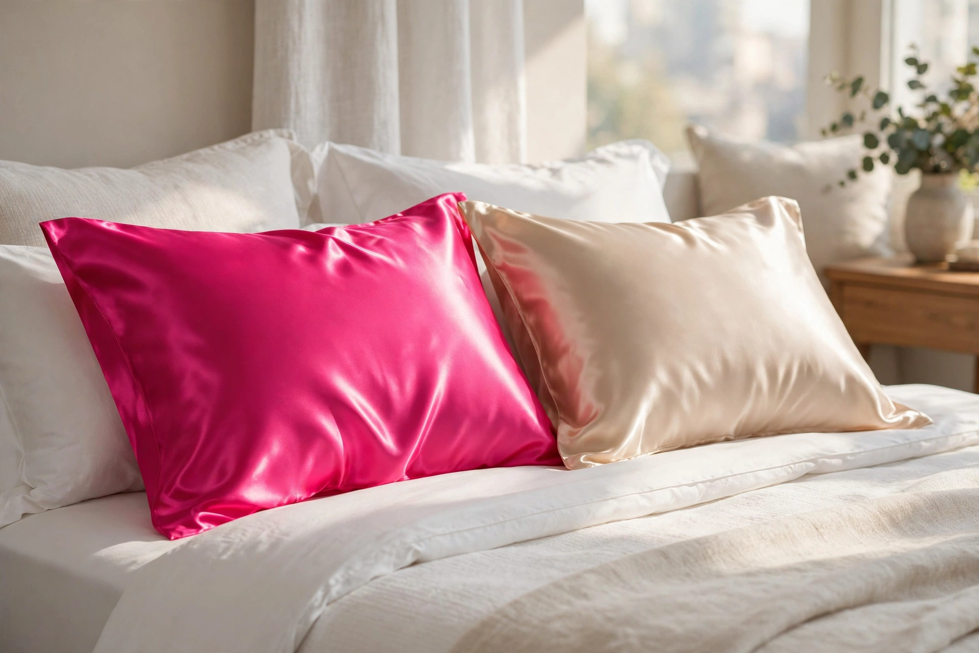 Hot pink and champagne satin pillowcases compared on a bed