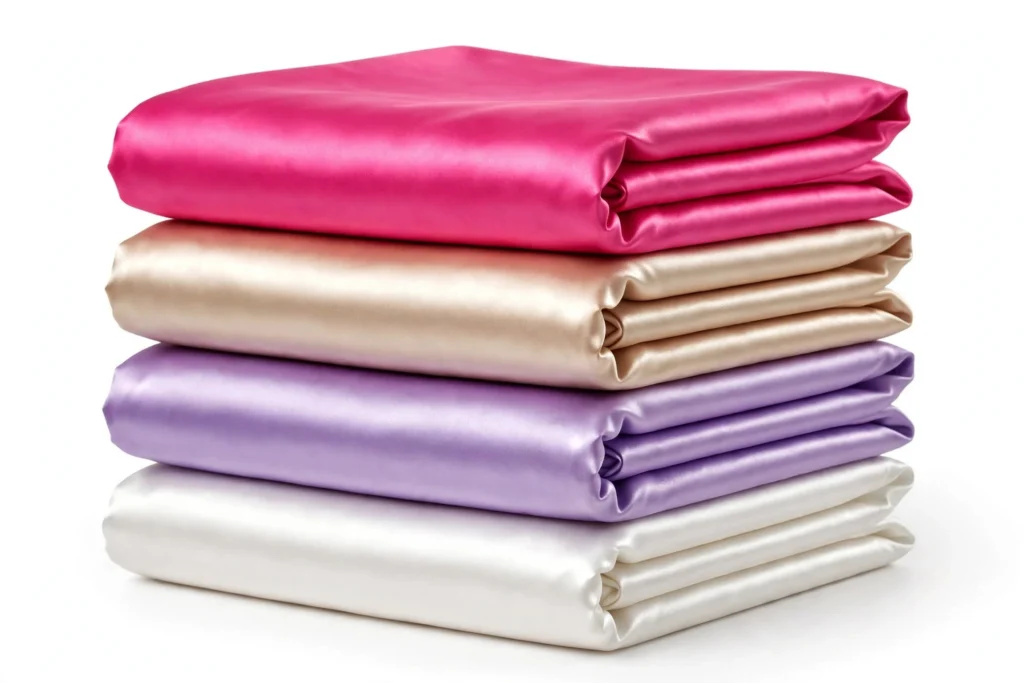 Stack of mixed-color satin pillowcases