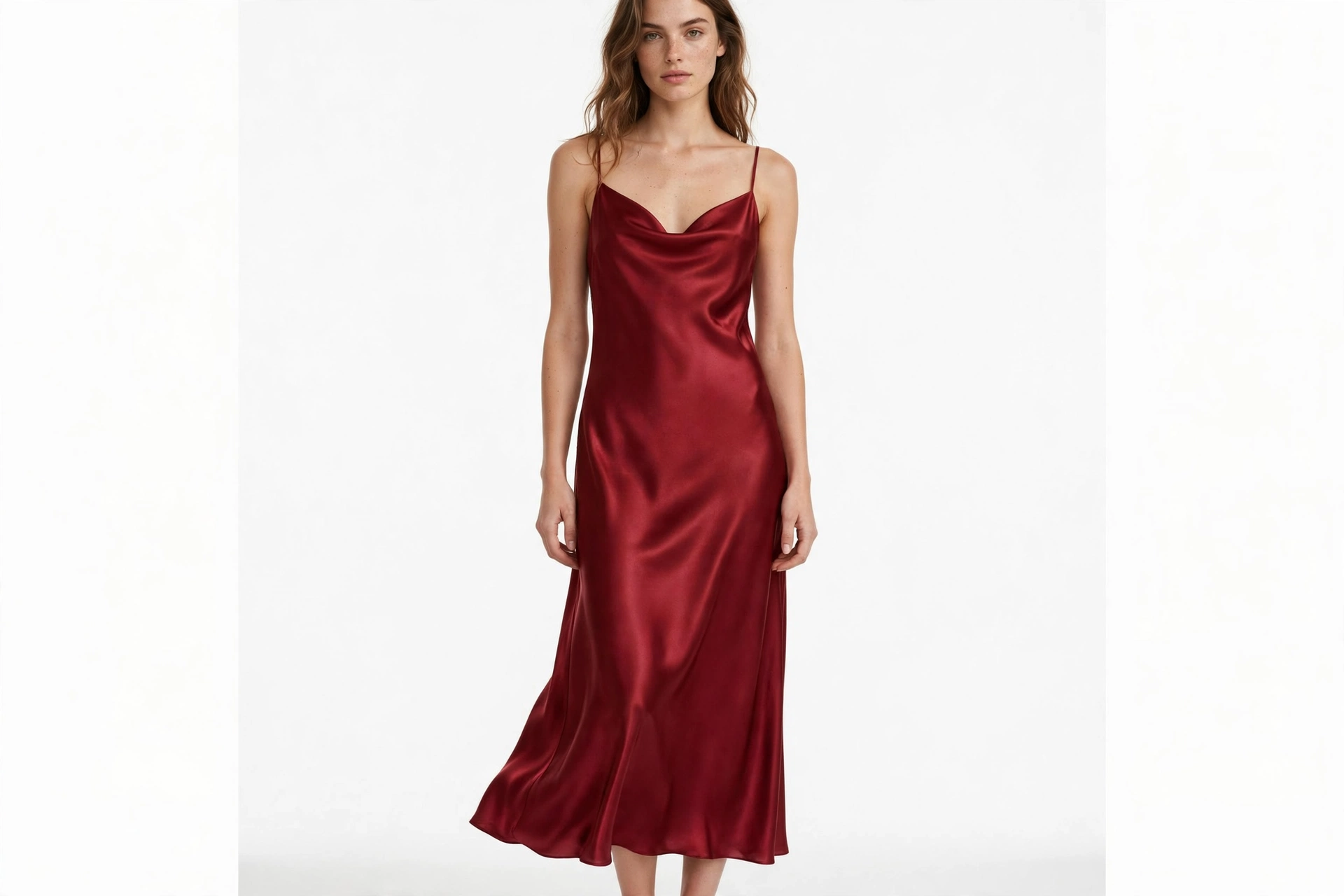 Deep true-red satin slip dress with glossy highlights on a model
