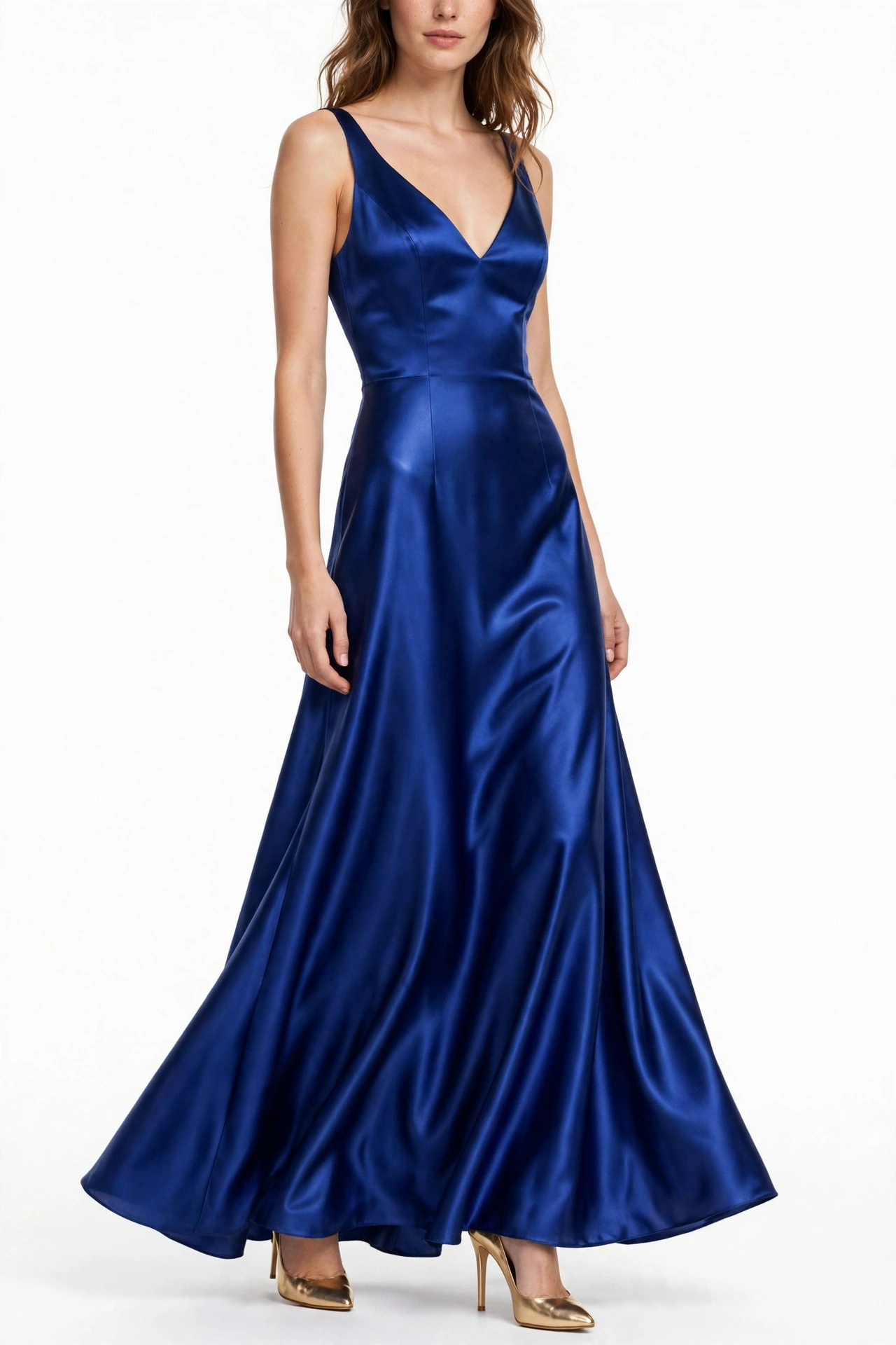 Royal blue satin evening gown styled with gold heels