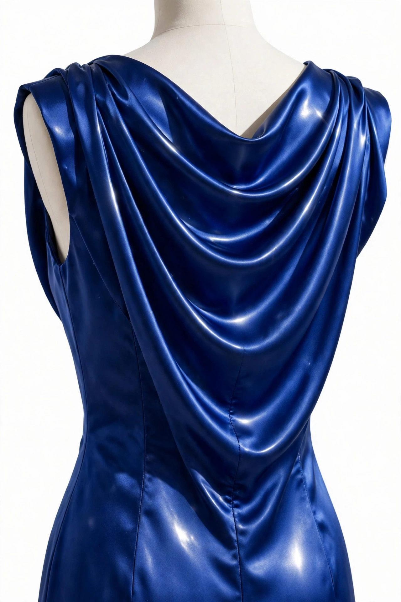Royal blue satin dress with draped neckline