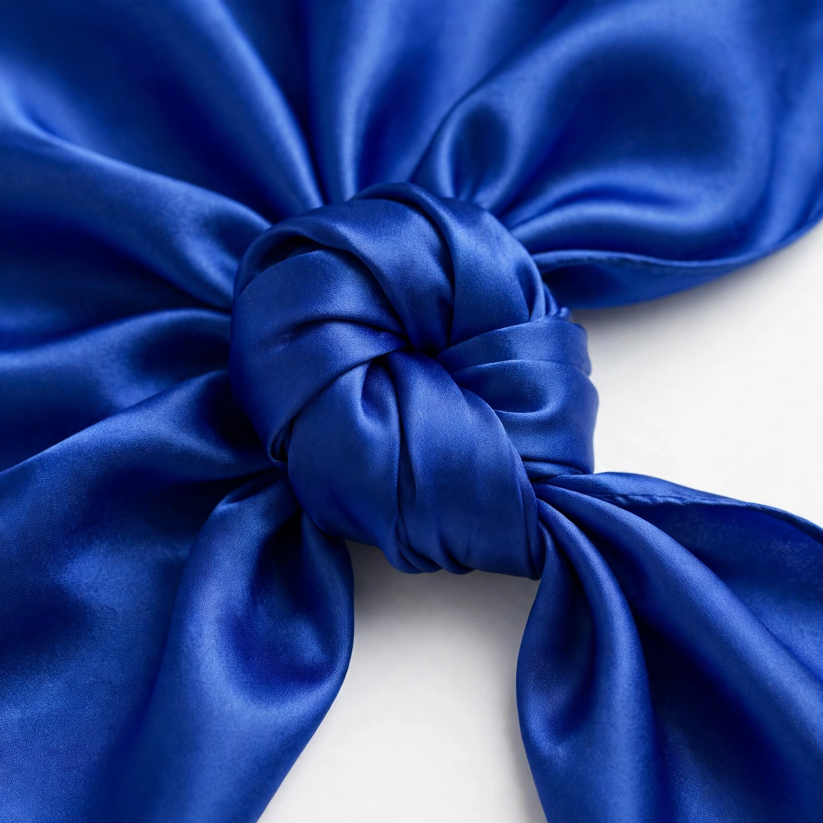 Royal blue satin scarf in a secure double knot