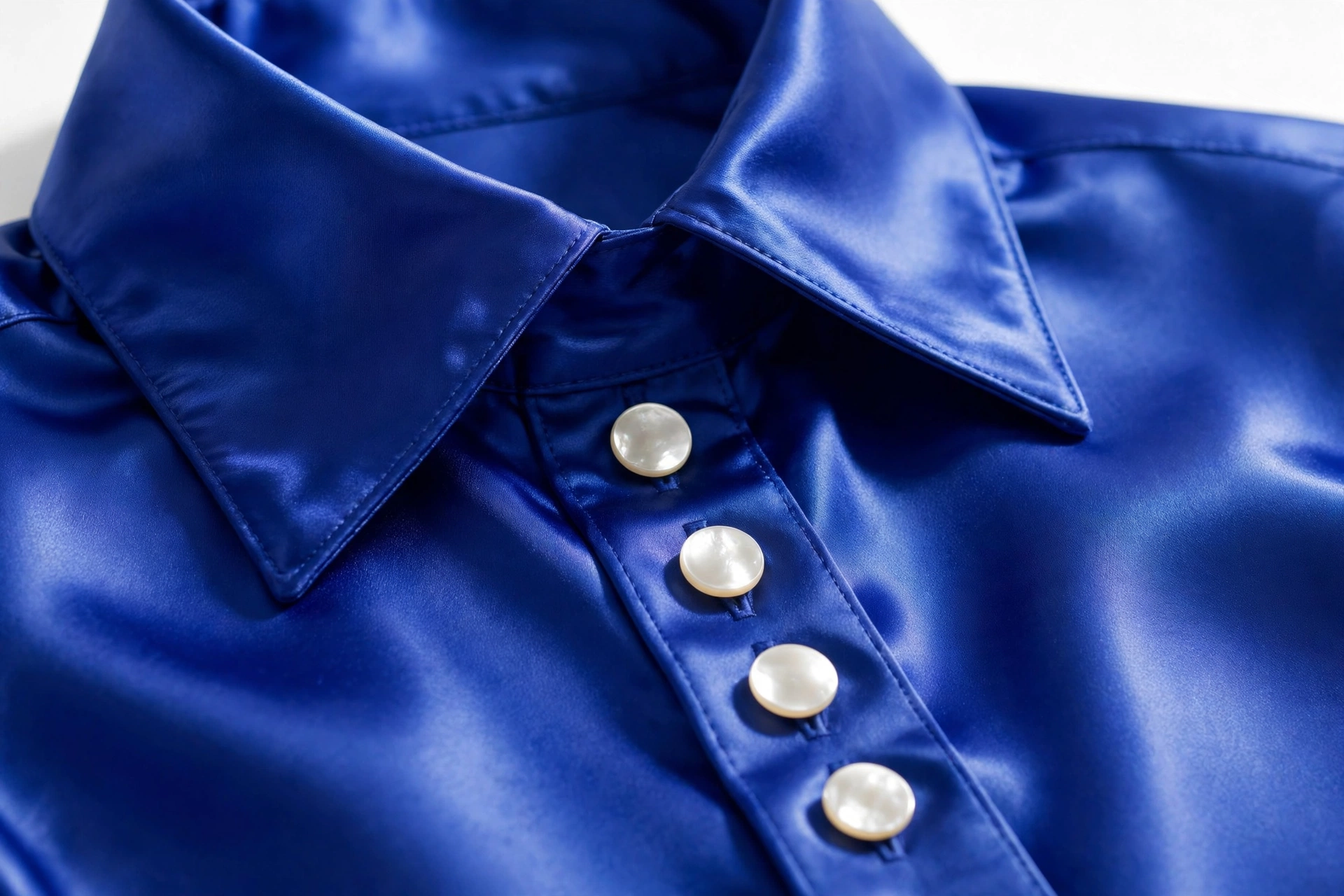 Royal blue satin shirt collar and placket detail
