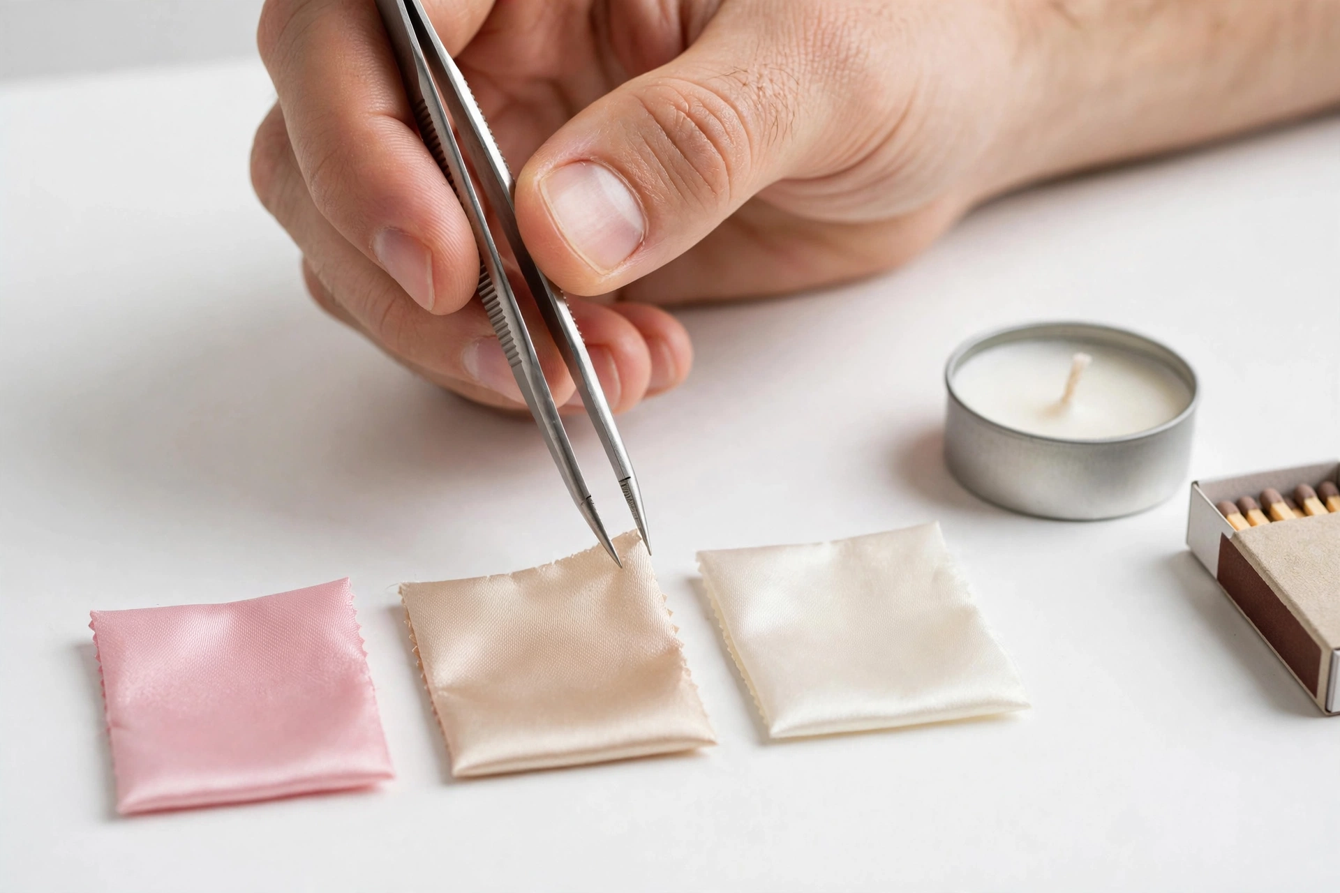 Hand holding tweezers over satin swatches for a fiber burn test