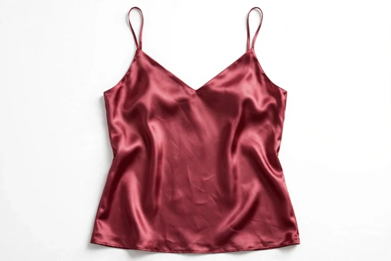 Deep rose satin camisole with spaghetti straps on white background