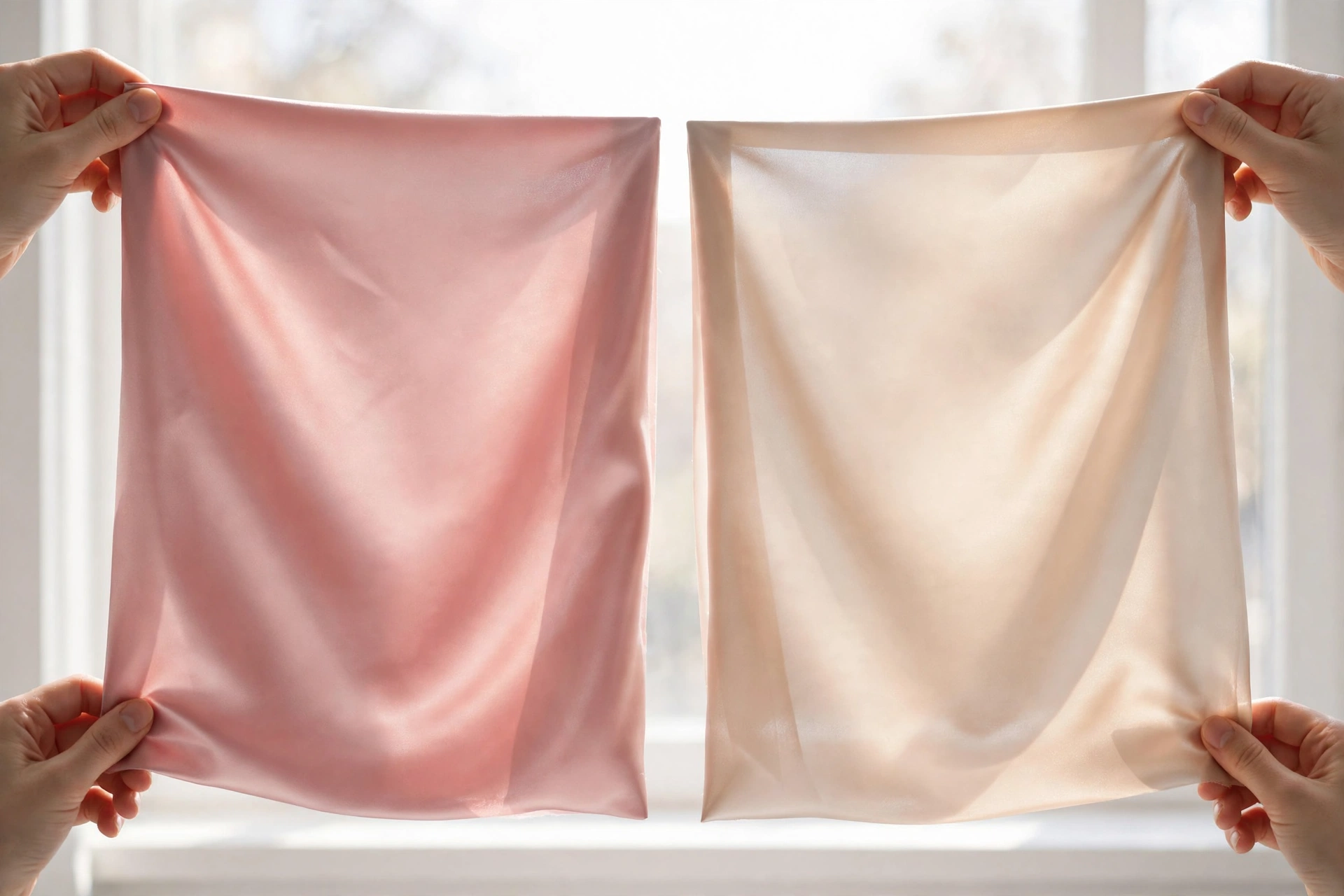 Blush pink and champagne satin swatches held to window light showing sheerness difference