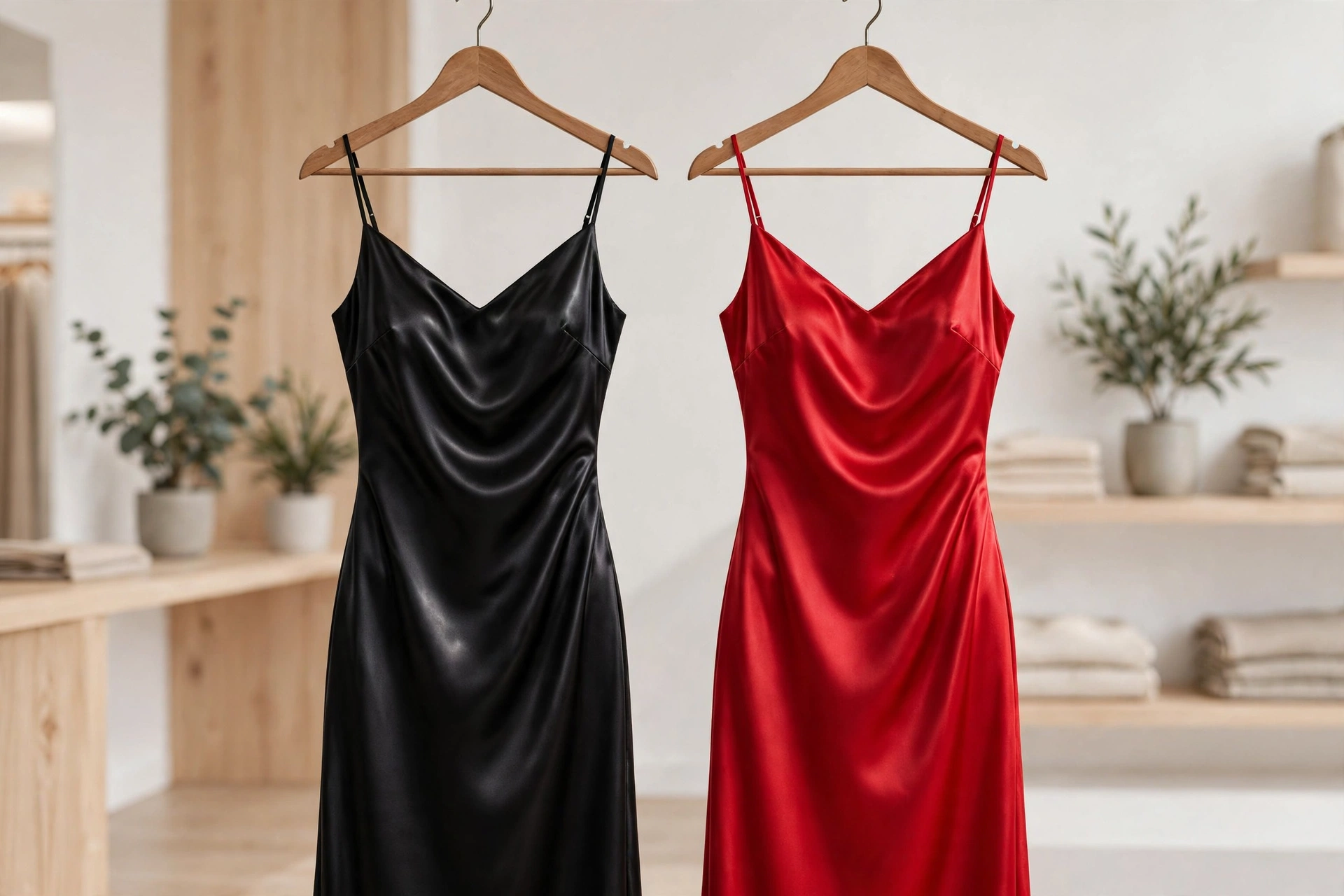 Black and red satin dresses showing color options