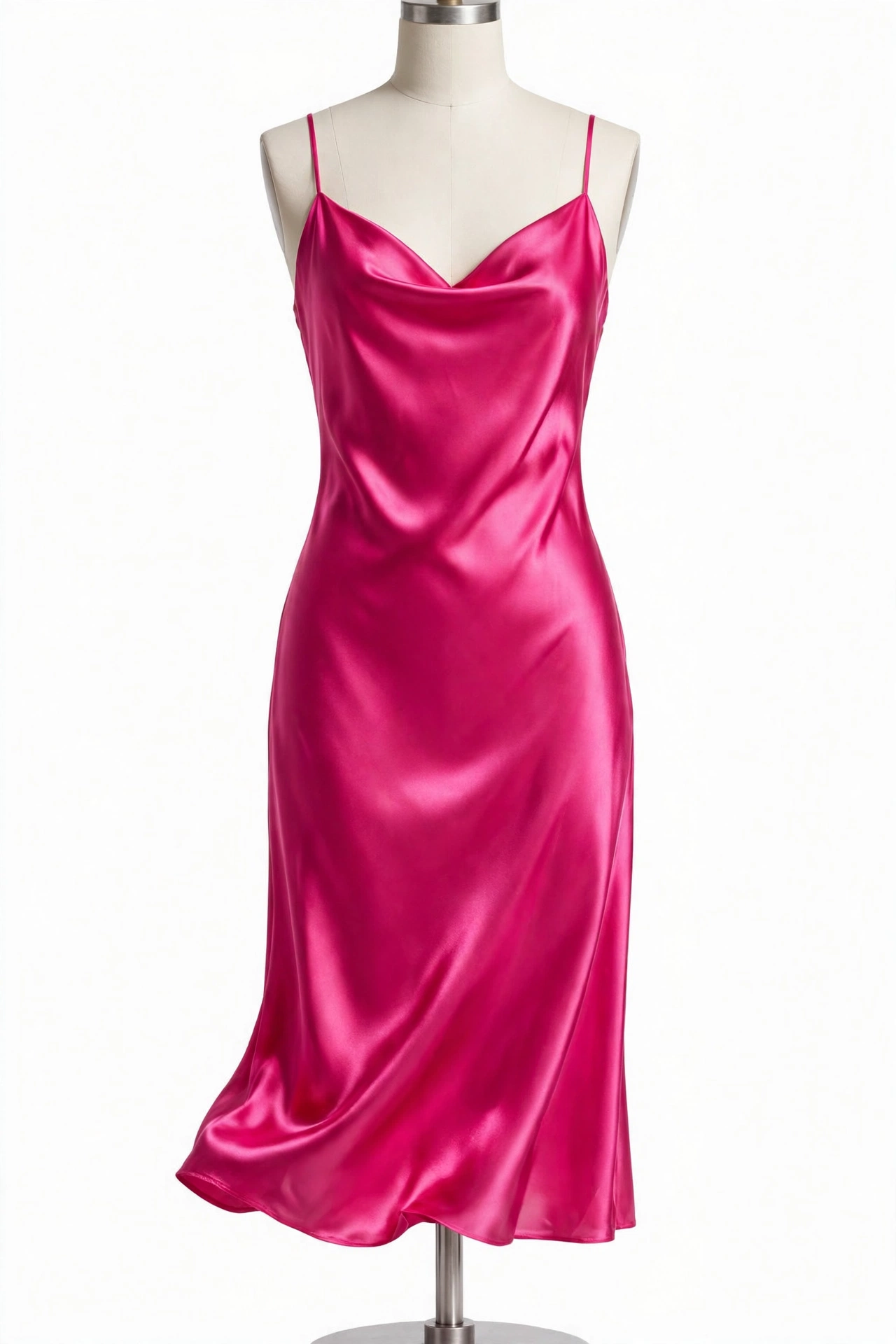 Hot pink satin slip dress with glossy shine